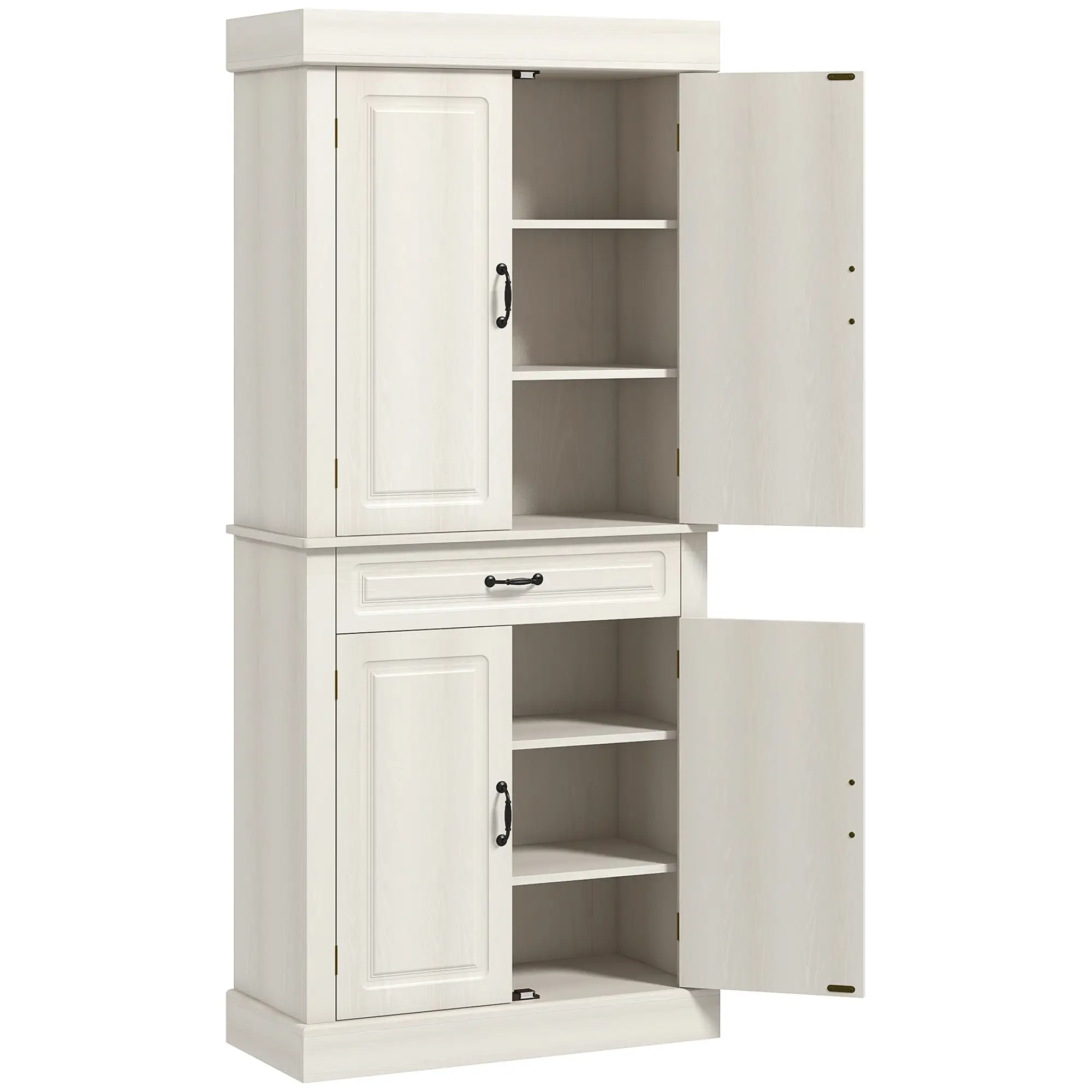 71" Freestanding Kitchen Pantry, 4 Doors 2 Cabinets, Distressed White, White - Image 11