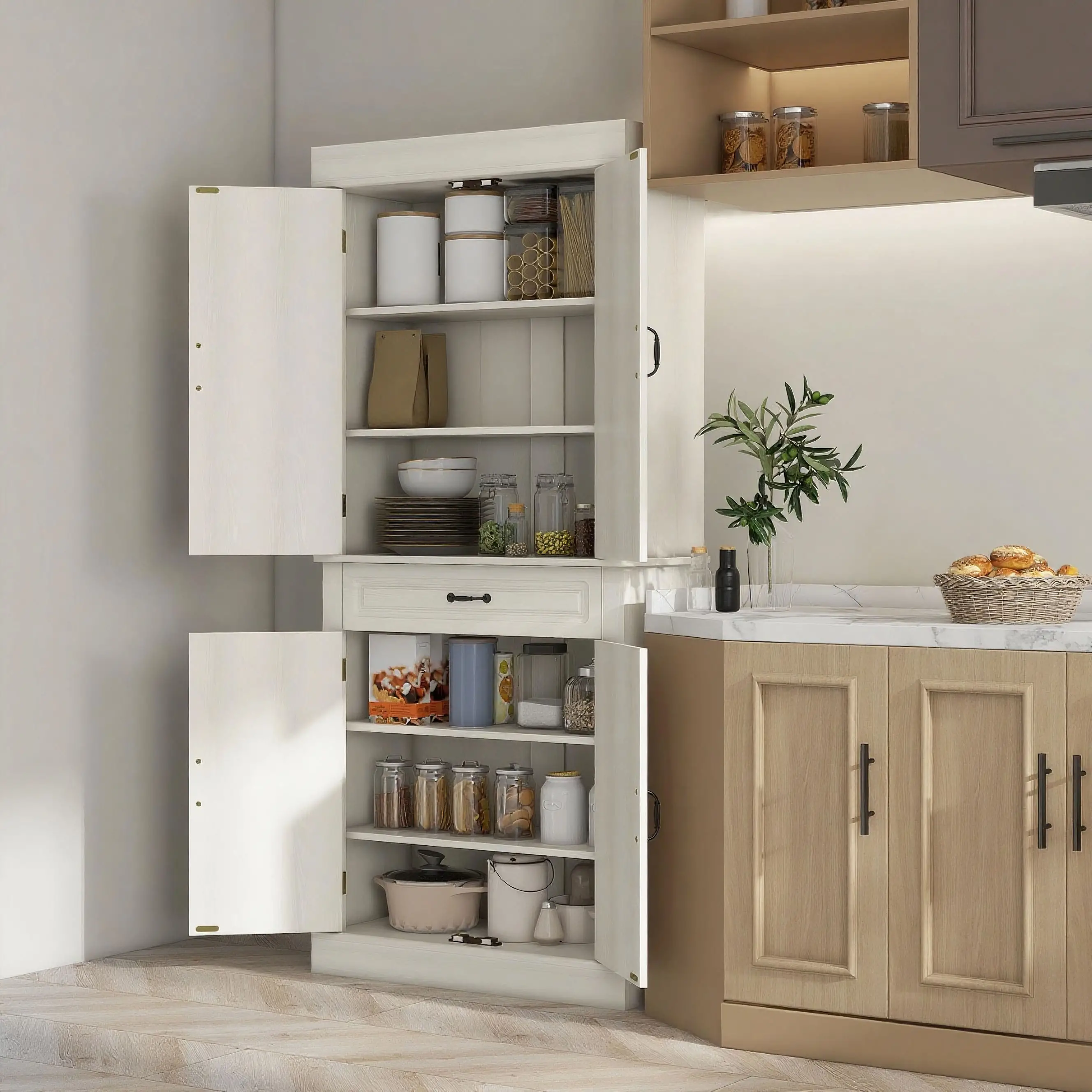 71" Freestanding Kitchen Pantry, 4 Doors 2 Cabinets, Distressed White, White - Image 2
