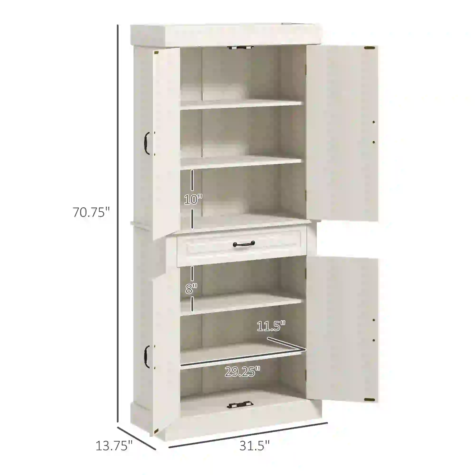 71" Freestanding Kitchen Pantry, 4 Doors 2 Cabinets, Distressed White, White - Image 3
