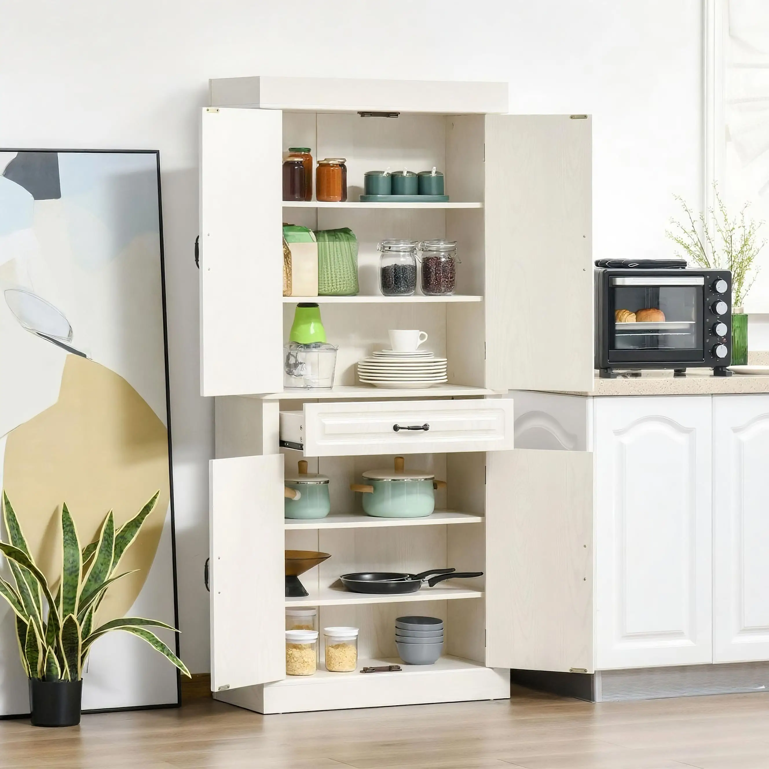 71" Freestanding Kitchen Pantry, 4 Doors 2 Cabinets, Distressed White, White - Image 4