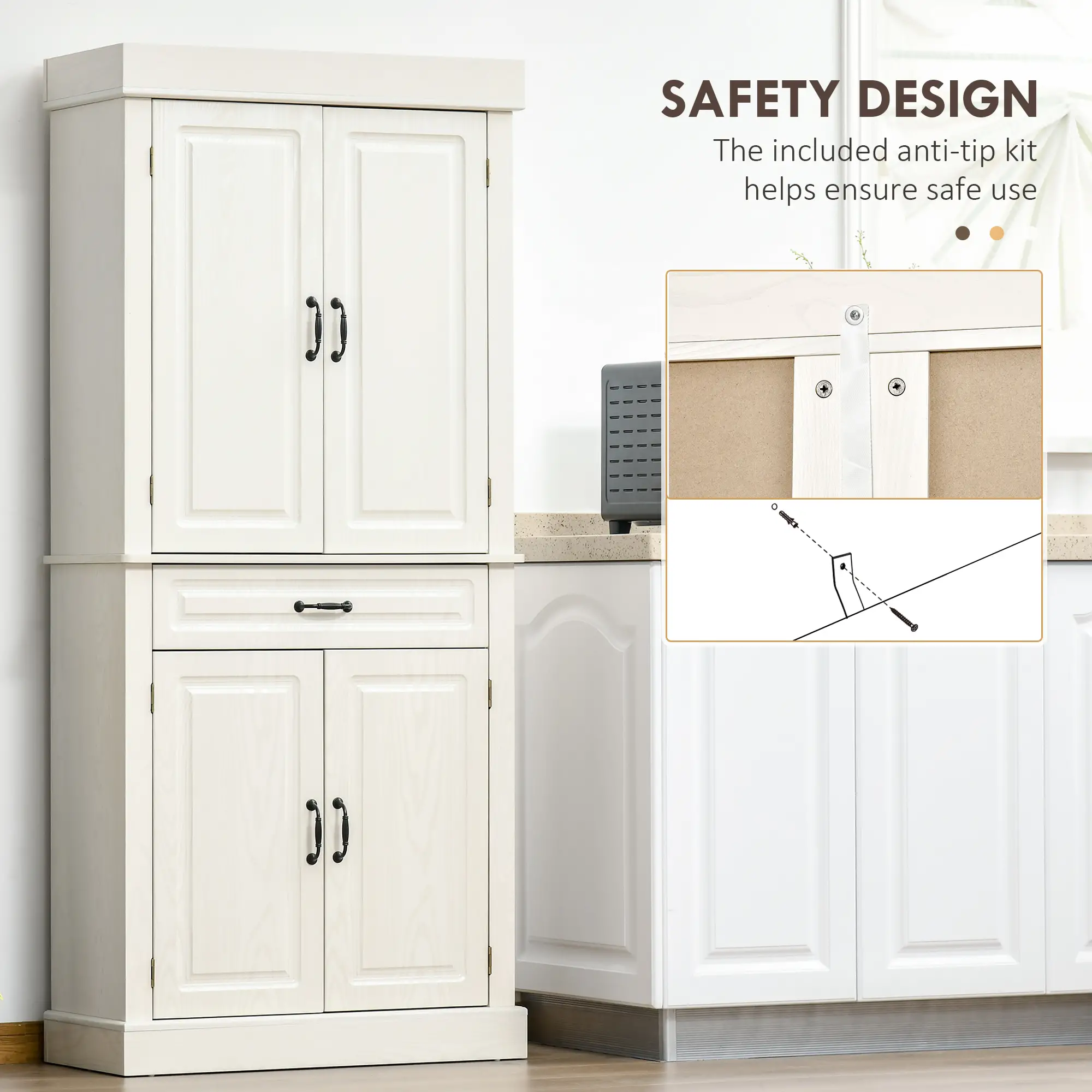 71" Freestanding Kitchen Pantry, 4 Doors 2 Cabinets, Distressed White, White - Image 5