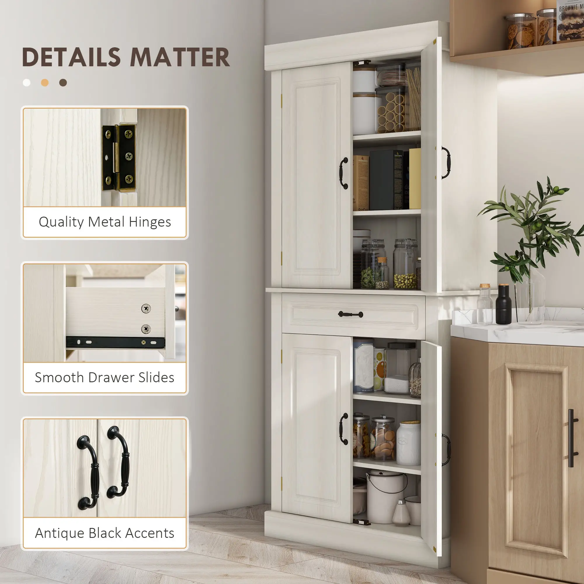 71" Freestanding Kitchen Pantry, 4 Doors 2 Cabinets, Distressed White, White - Image 6