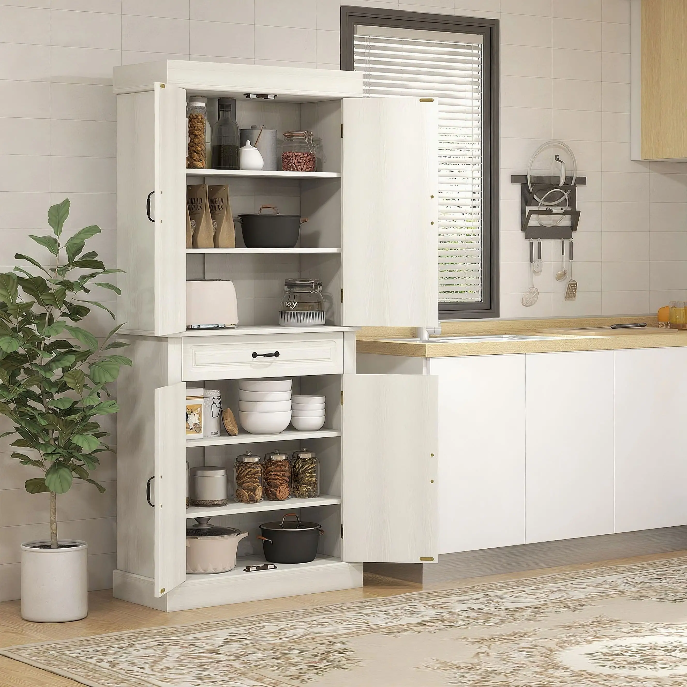 71" Freestanding Kitchen Pantry, 4 Doors 2 Cabinets, Distressed White, White - Image 7