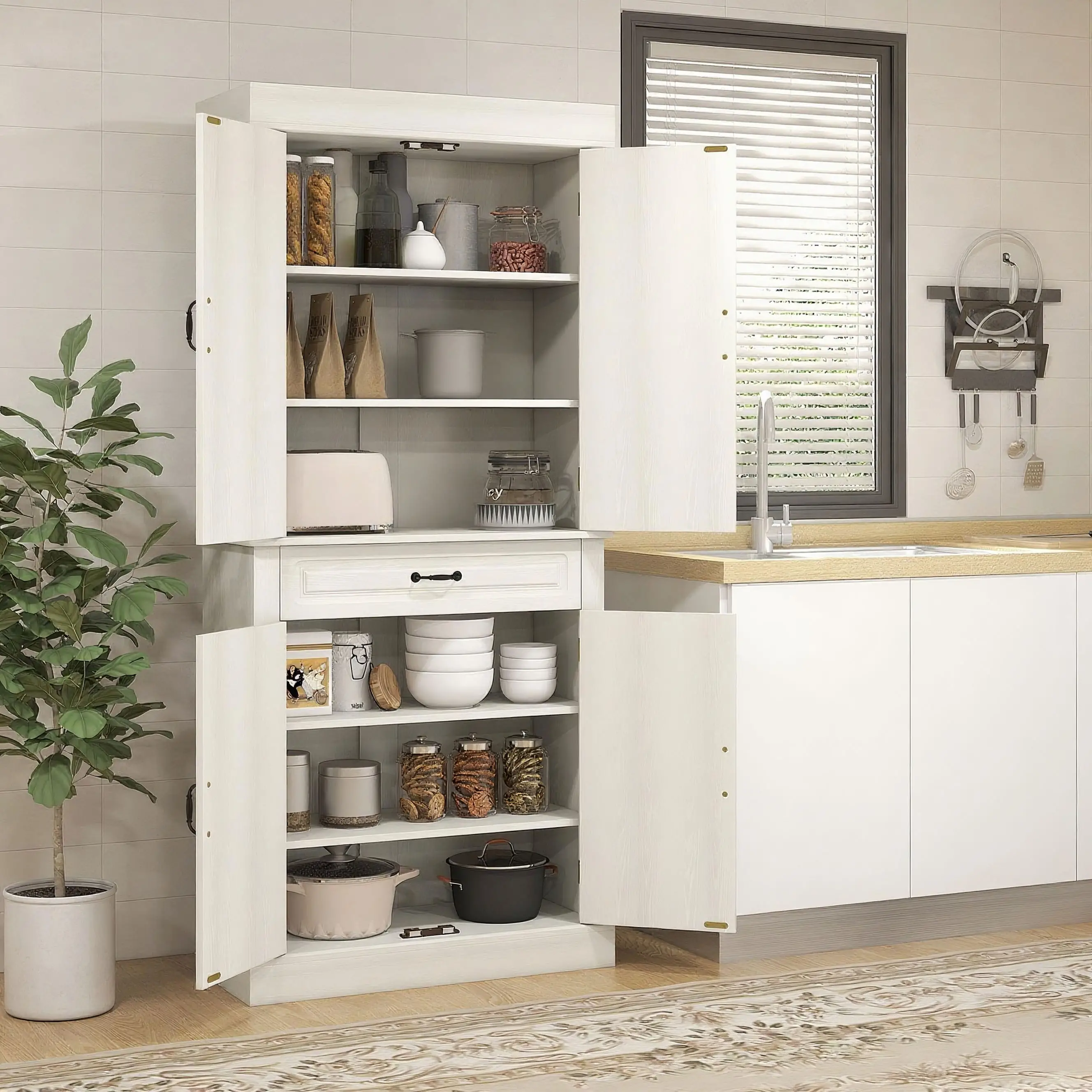 71" Freestanding Kitchen Pantry, 4 Doors 2 Cabinets, Distressed White, White - Image 8