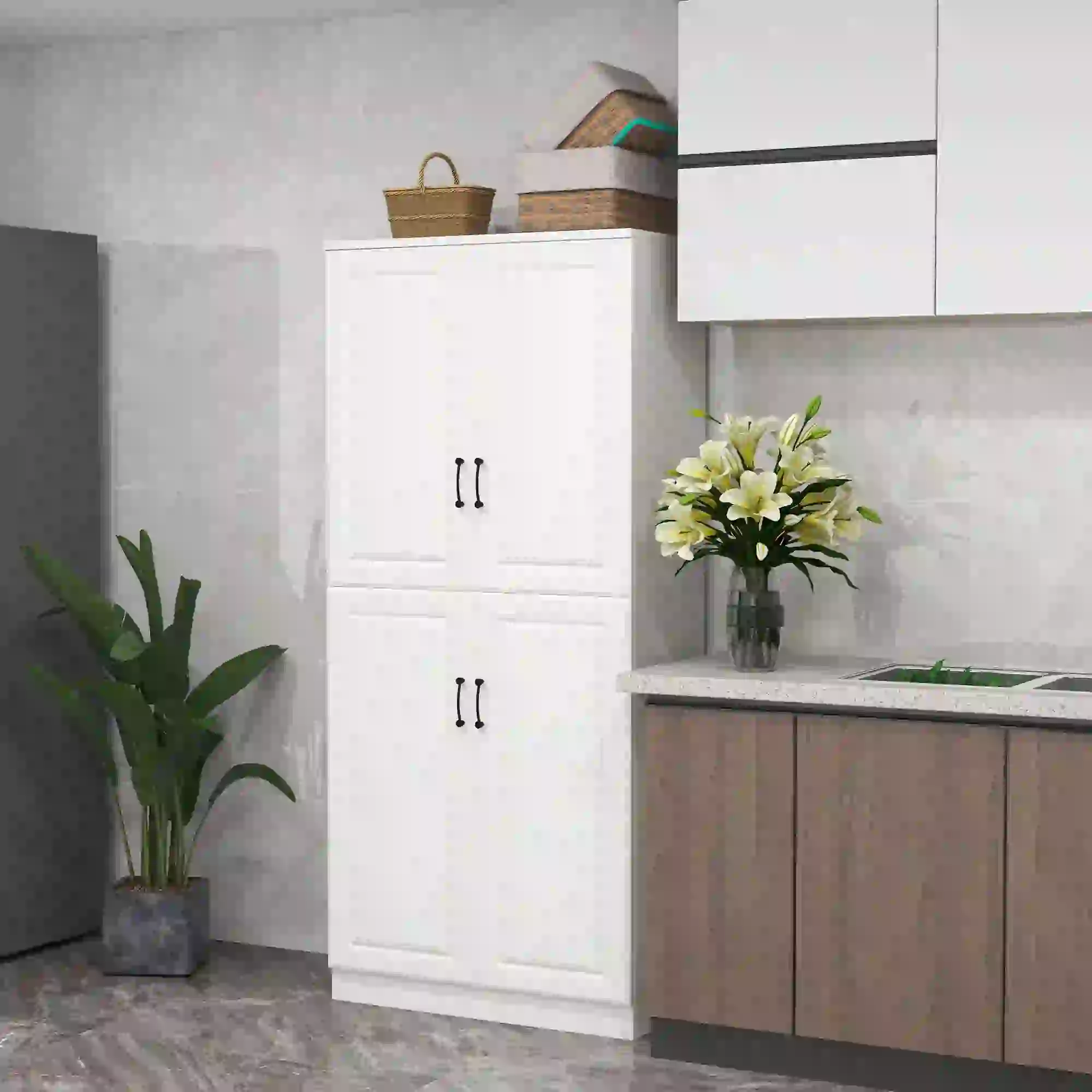 71" Freestanding Kitchen Pantry Cabinet, 4 Doors, Adjustable Shelves, White - Image 2