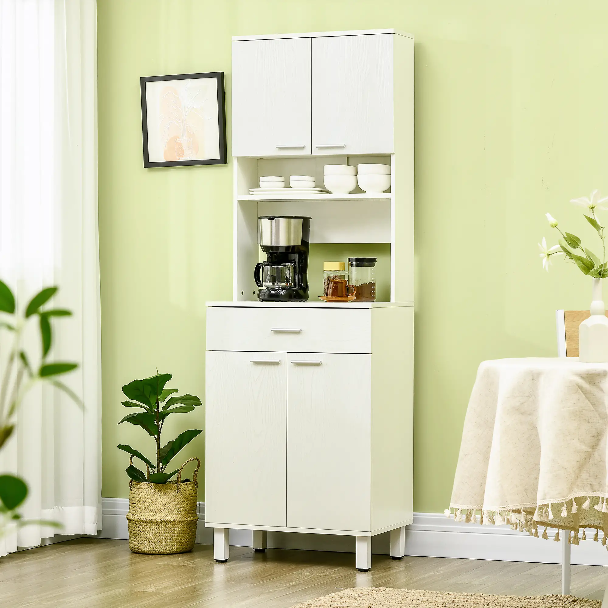 71"H Freestanding Kitchen Pantry, Buffet Cabinet with Hutch, White - Image 2