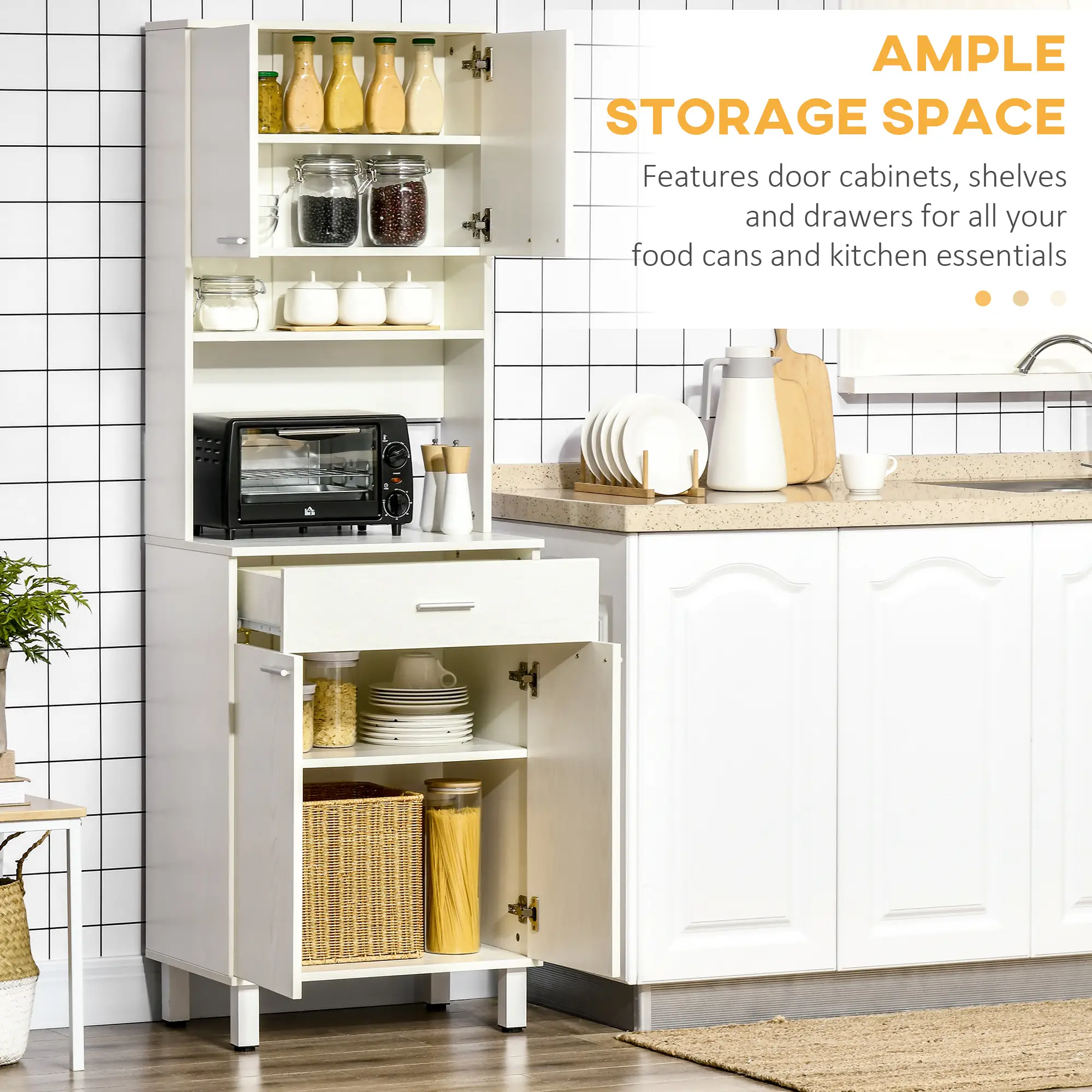 71"H Freestanding Kitchen Pantry, Buffet Cabinet with Hutch, White - Image 4