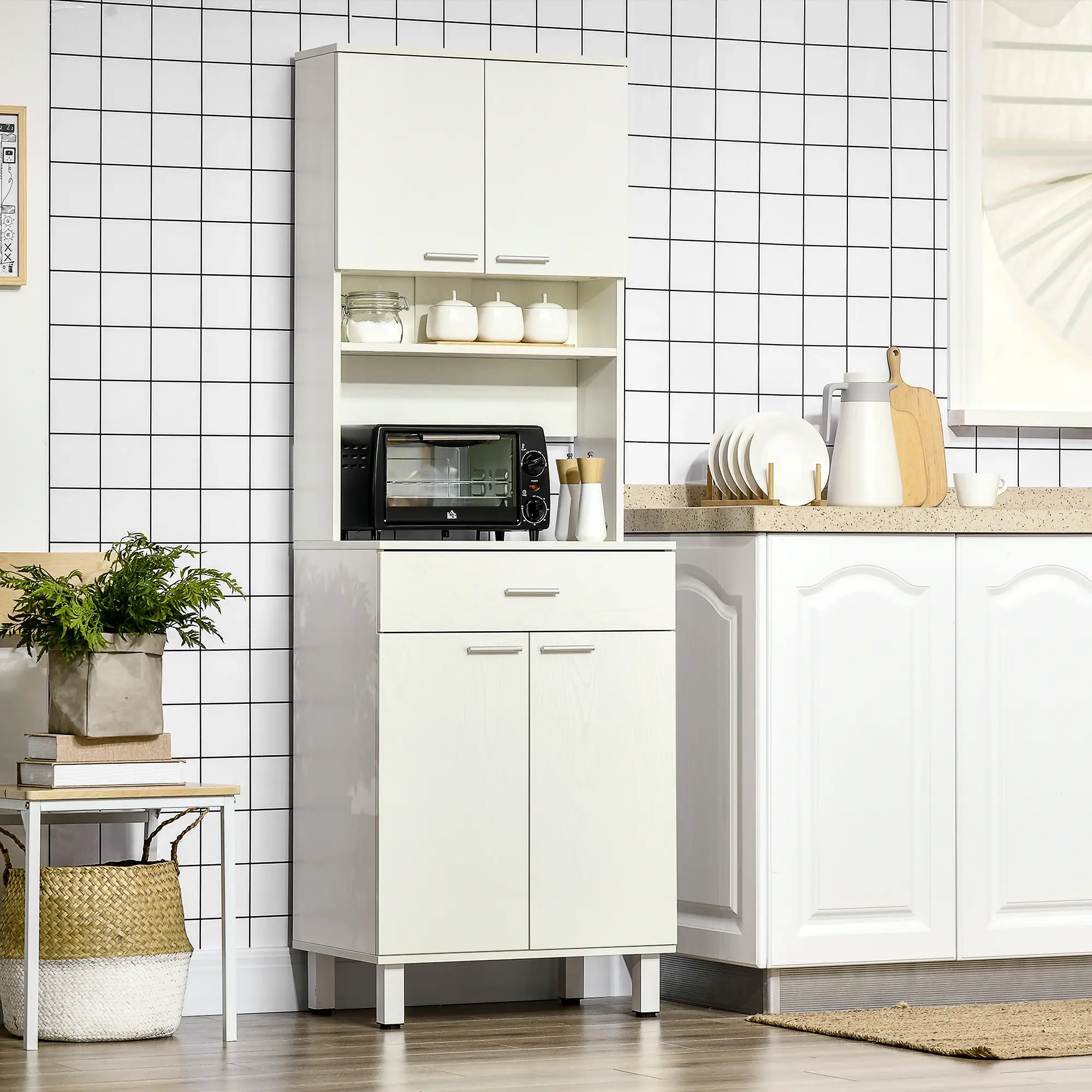 71"H Freestanding Kitchen Pantry, Buffet Cabinet with Hutch, White - Image 8