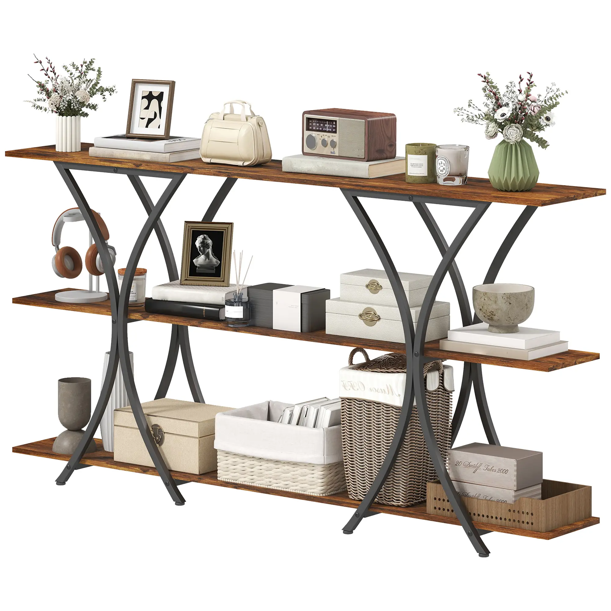 71 Inch Console Table, 3-Tier Industrial with 2 Shelves, Rustic Brown