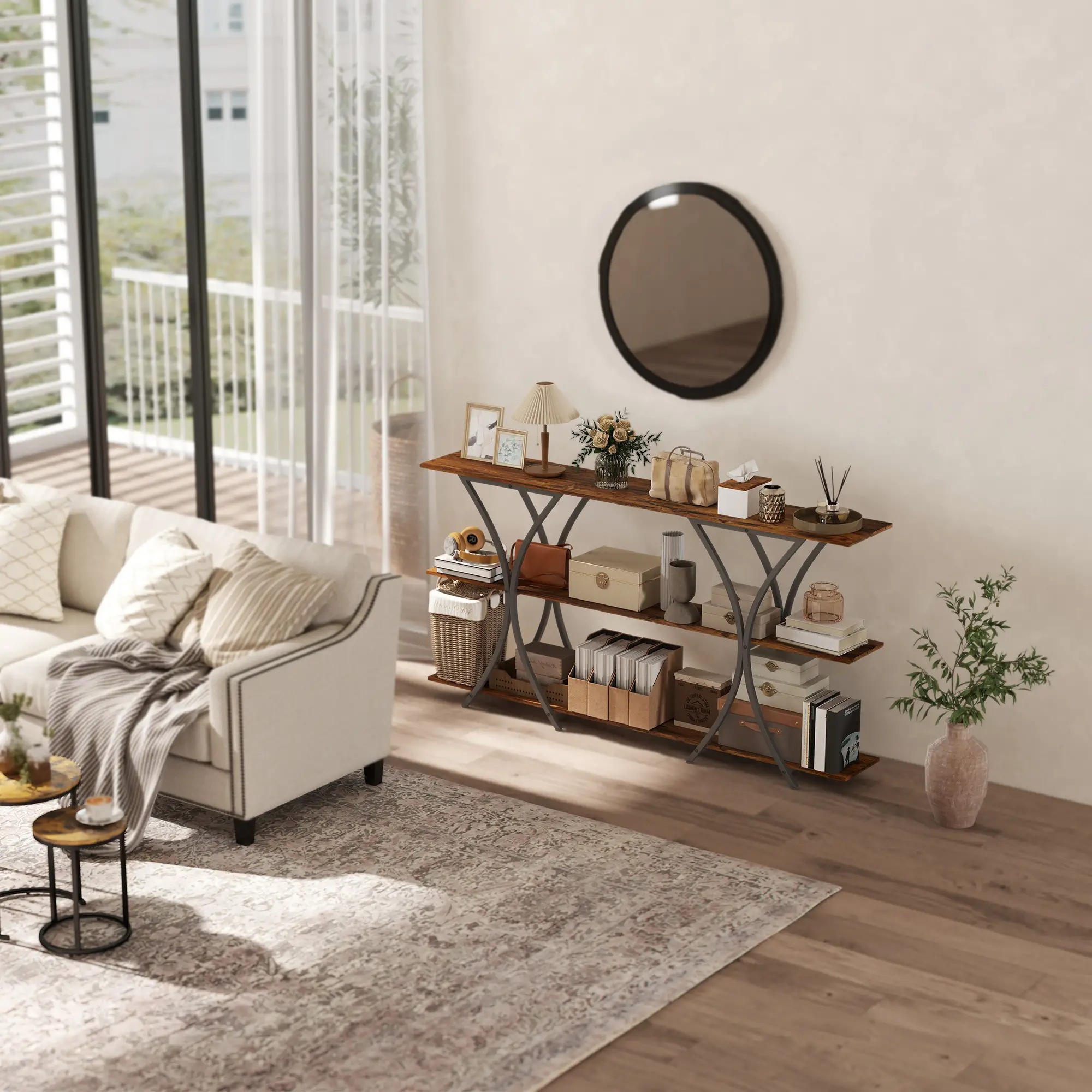 71 Inch Console Table, 3-Tier Industrial with 2 Shelves, Rustic Brown - Image 10