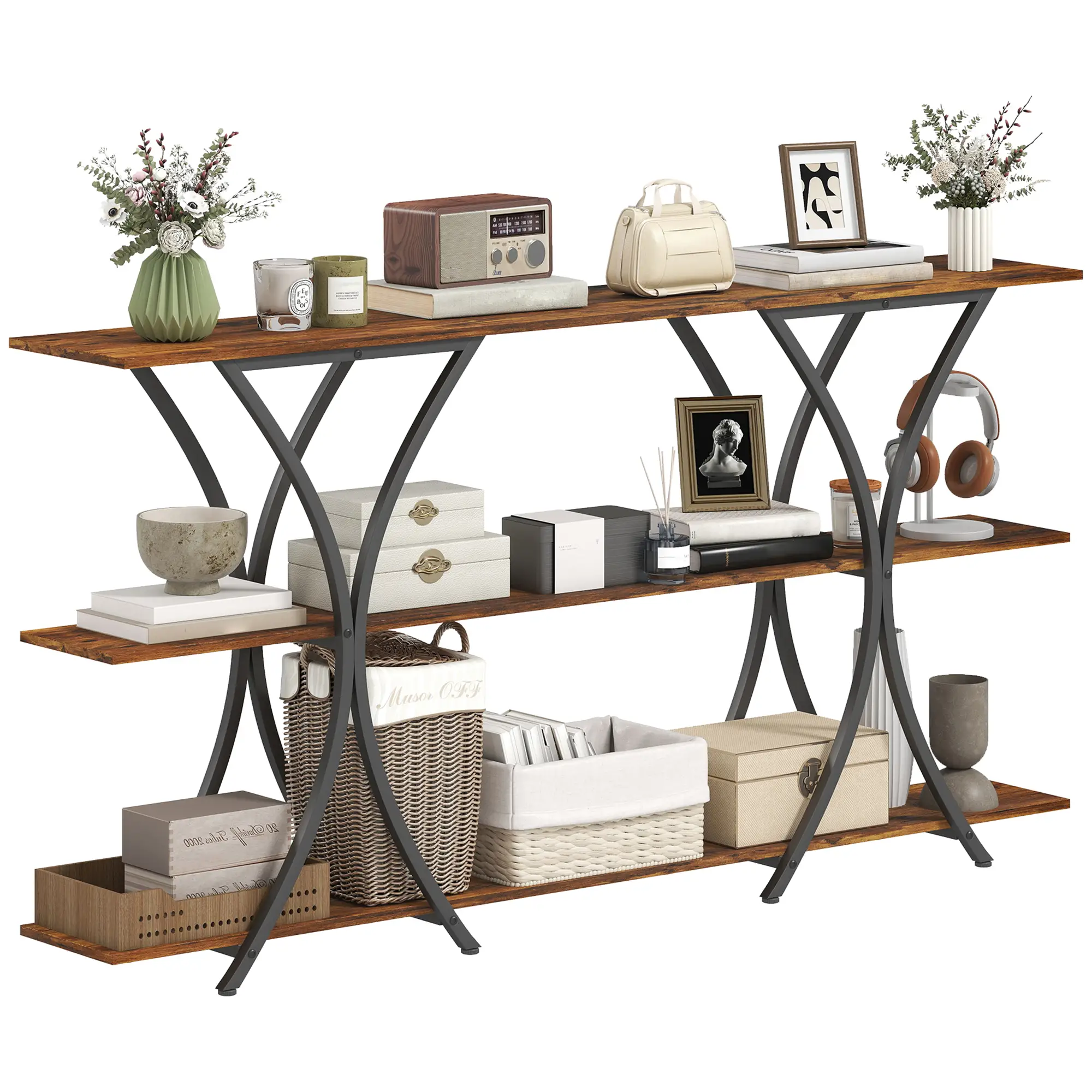71 Inch Console Table, 3-Tier Industrial with 2 Shelves, Rustic Brown - Image 11