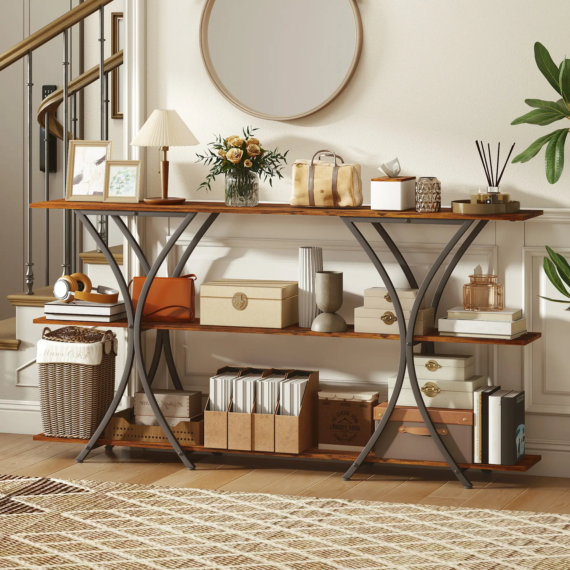 71 Inch Console Table, 3-Tier Industrial with 2 Shelves, Rustic Brown - Image 2