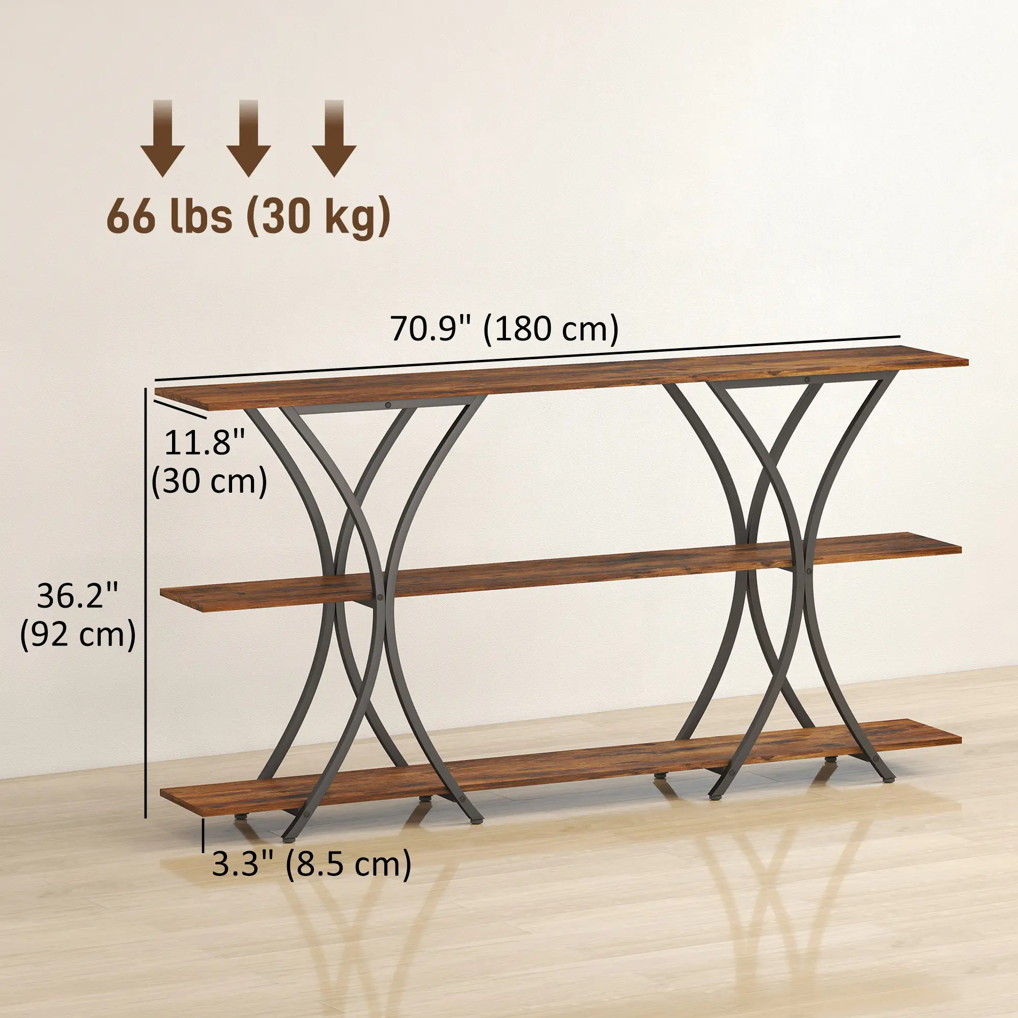 71 Inch Console Table, 3-Tier Industrial with 2 Shelves, Rustic Brown - Image 3