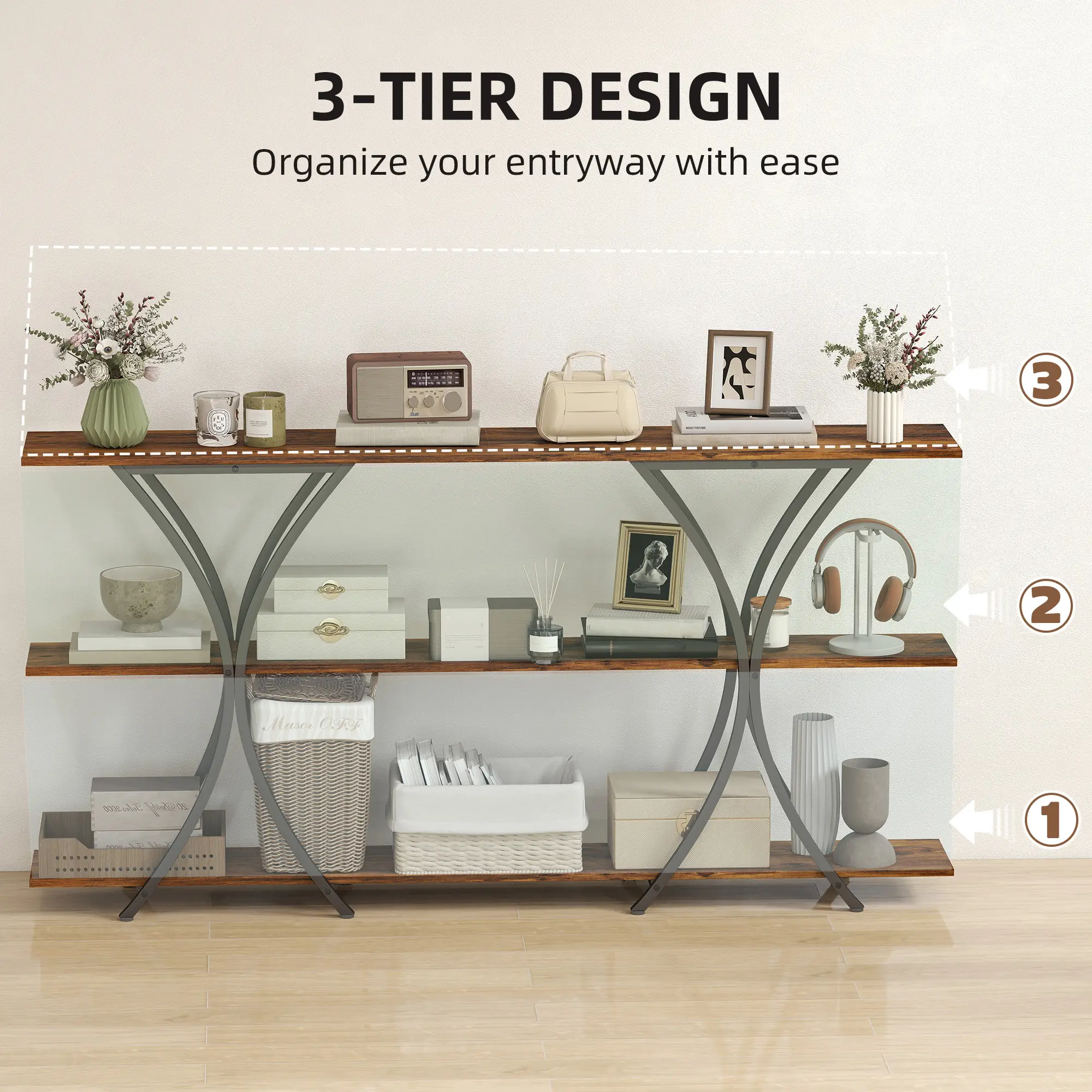 71 Inch Console Table, 3-Tier Industrial with 2 Shelves, Rustic Brown - Image 4