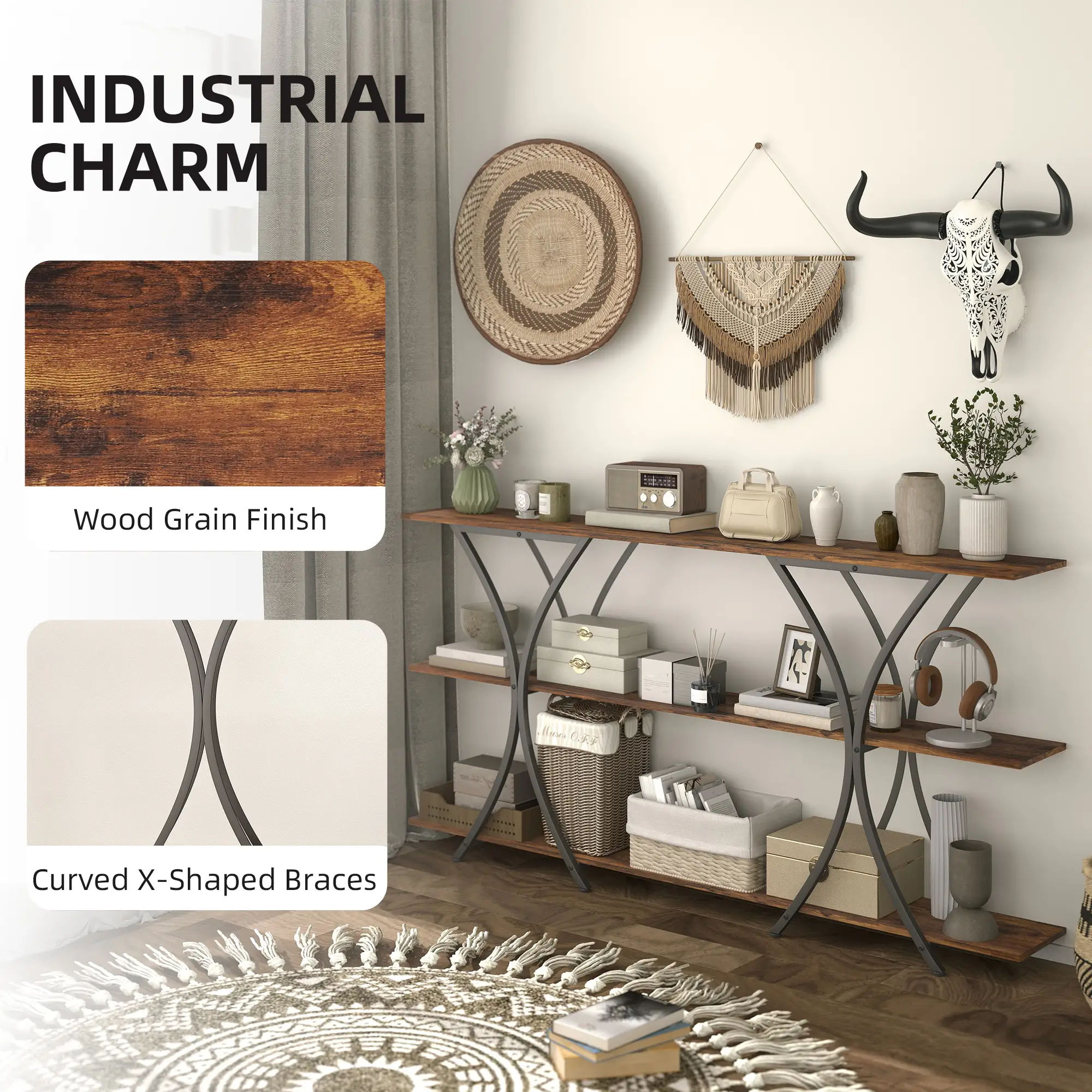 71 Inch Console Table, 3-Tier Industrial with 2 Shelves, Rustic Brown - Image 5