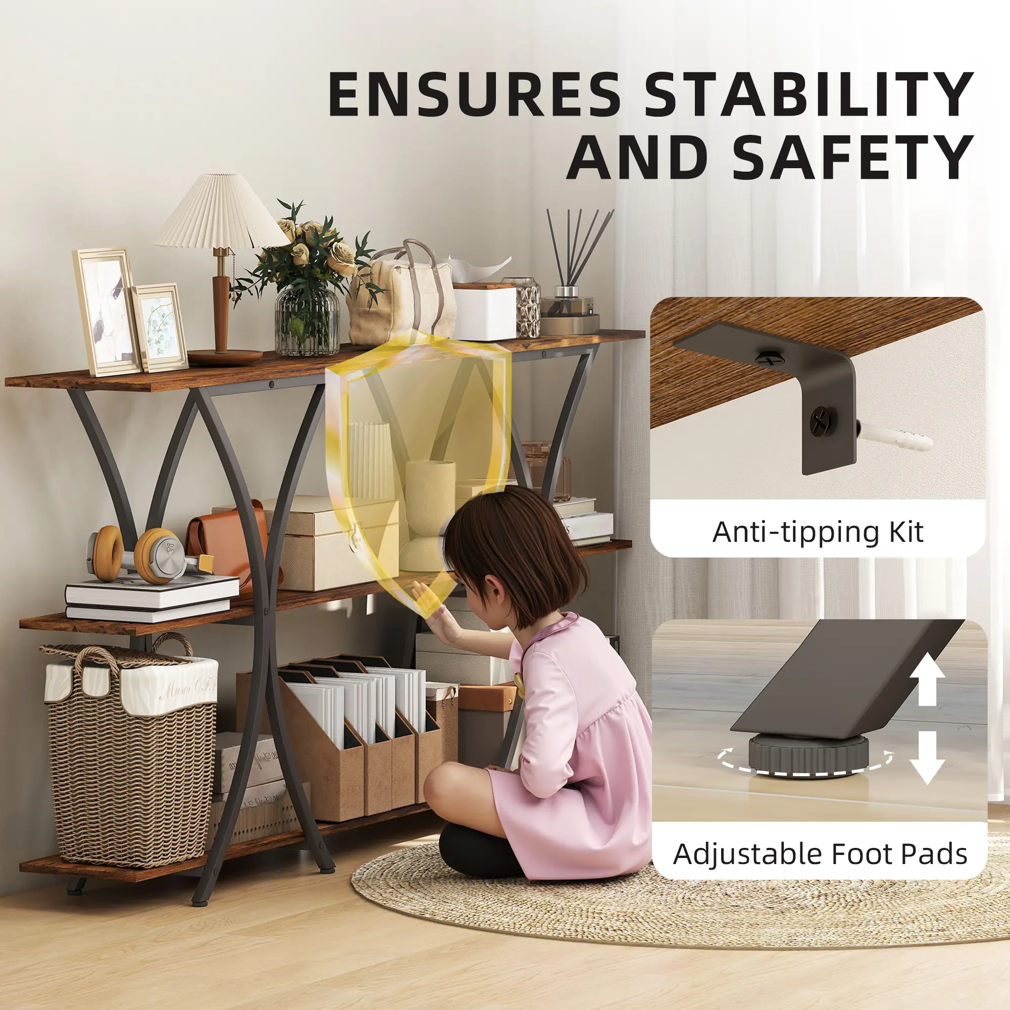 71 Inch Console Table, 3-Tier Industrial with 2 Shelves, Rustic Brown - Image 6