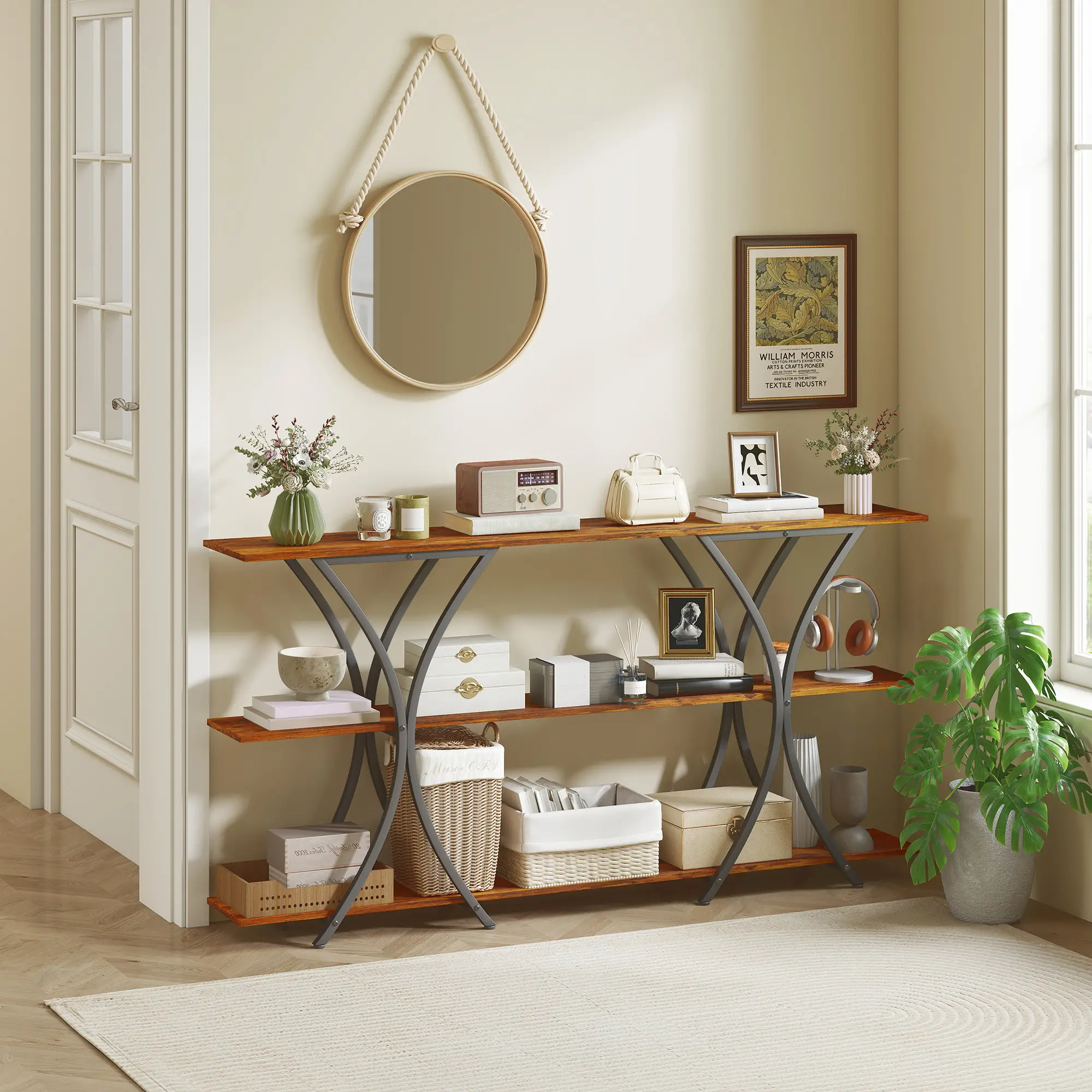 71 Inch Console Table, 3-Tier Industrial with 2 Shelves, Rustic Brown - Image 7