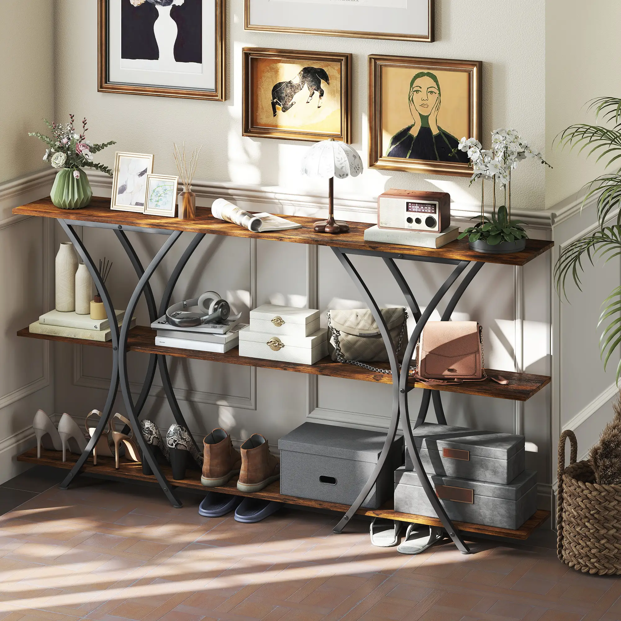 71 Inch Console Table, 3-Tier Industrial with 2 Shelves, Rustic Brown - Image 8