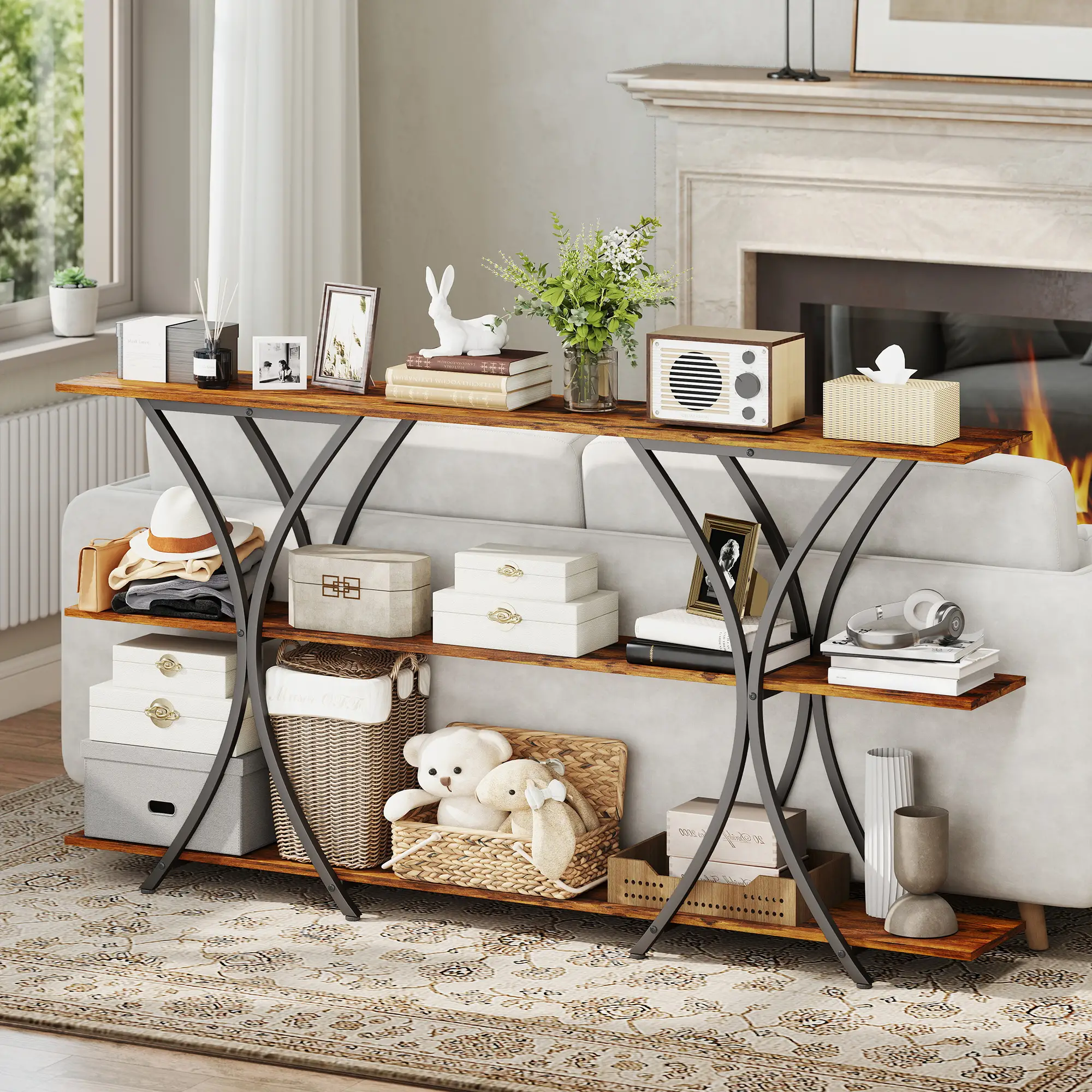 71 Inch Console Table, 3-Tier Industrial with 2 Shelves, Rustic Brown - Image 9