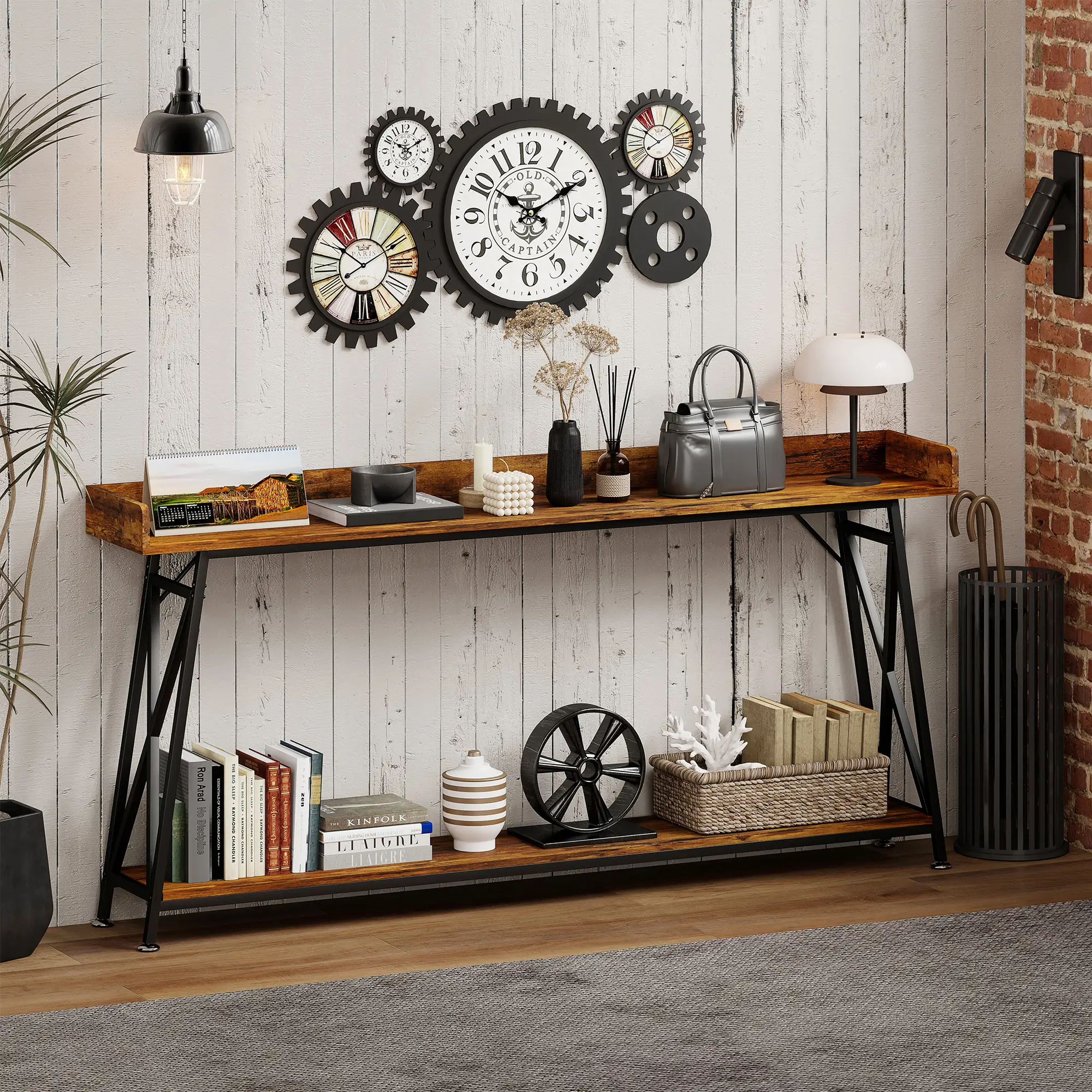 71 Inch Extra Long Console Table with Storage Shelf, Rustic Brown - Image 2