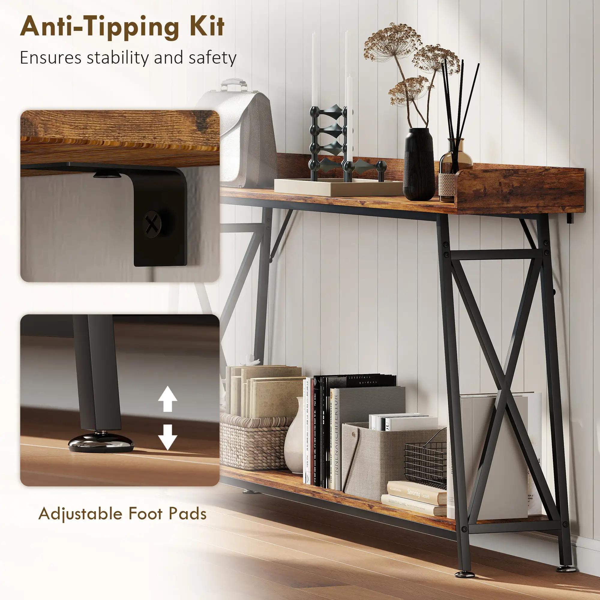71 Inch Extra Long Console Table with Storage Shelf, Rustic Brown - Image 6