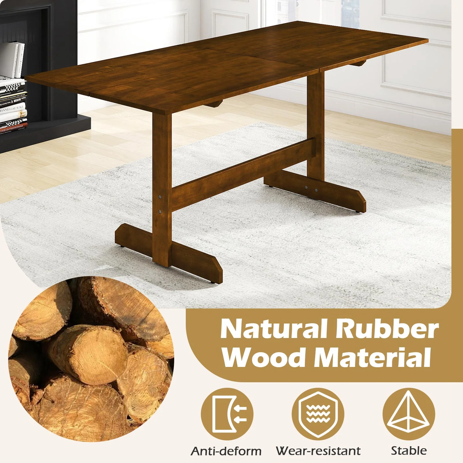 71 Inch Farmhouse Dining Table Wooden Kitchen Table for 6-8 with Rubber Wood Legs, Walnut - Image 10