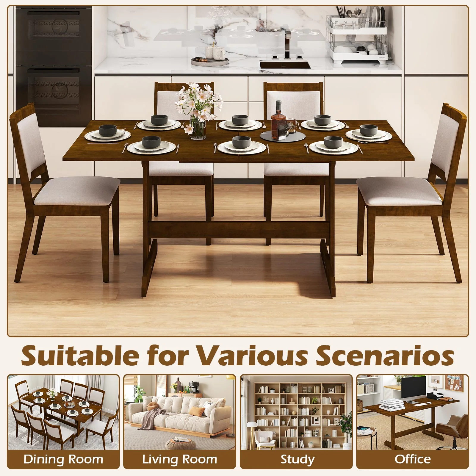 71 Inch Farmhouse Dining Table Wooden Kitchen Table for 6-8 with Rubber Wood Legs, Walnut - Image 8