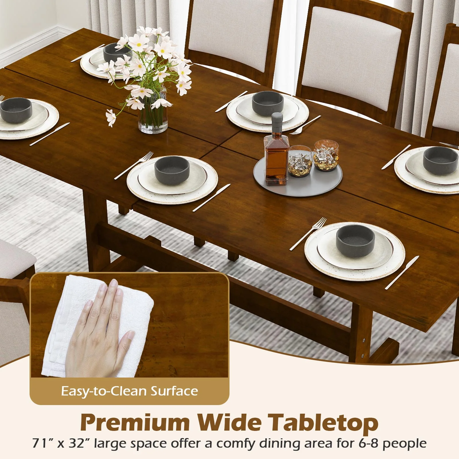 71 Inch Farmhouse Dining Table Wooden Kitchen Table for 6-8 with Rubber Wood Legs, Walnut - Image 9