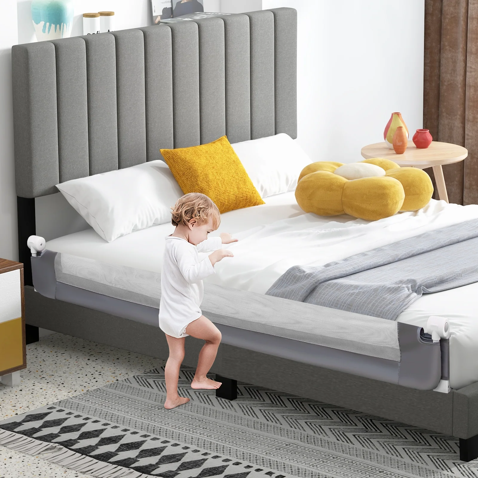 71-Inch Foldable Bed Rail, Adjustable Safety Strap, Gray - Image 2