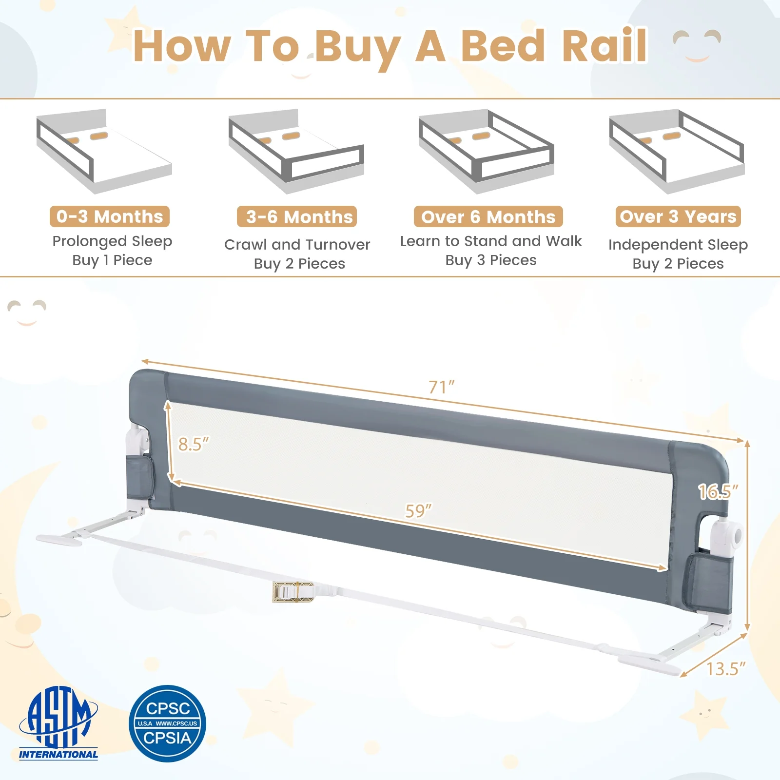 71-Inch Foldable Bed Rail, Adjustable Safety Strap, Gray - Image 5