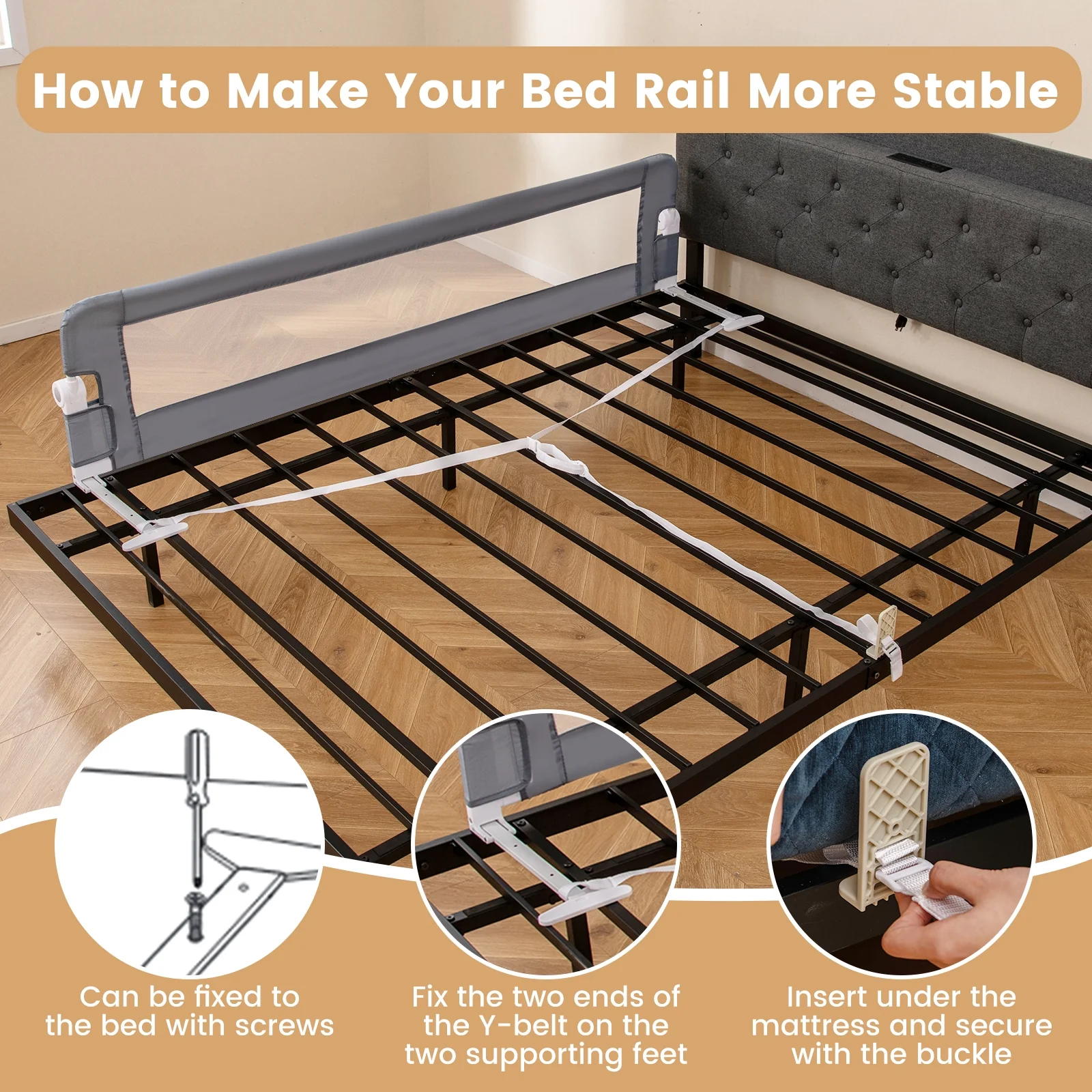71-Inch Foldable Bed Rail, Adjustable Safety Strap, Gray - Image 8