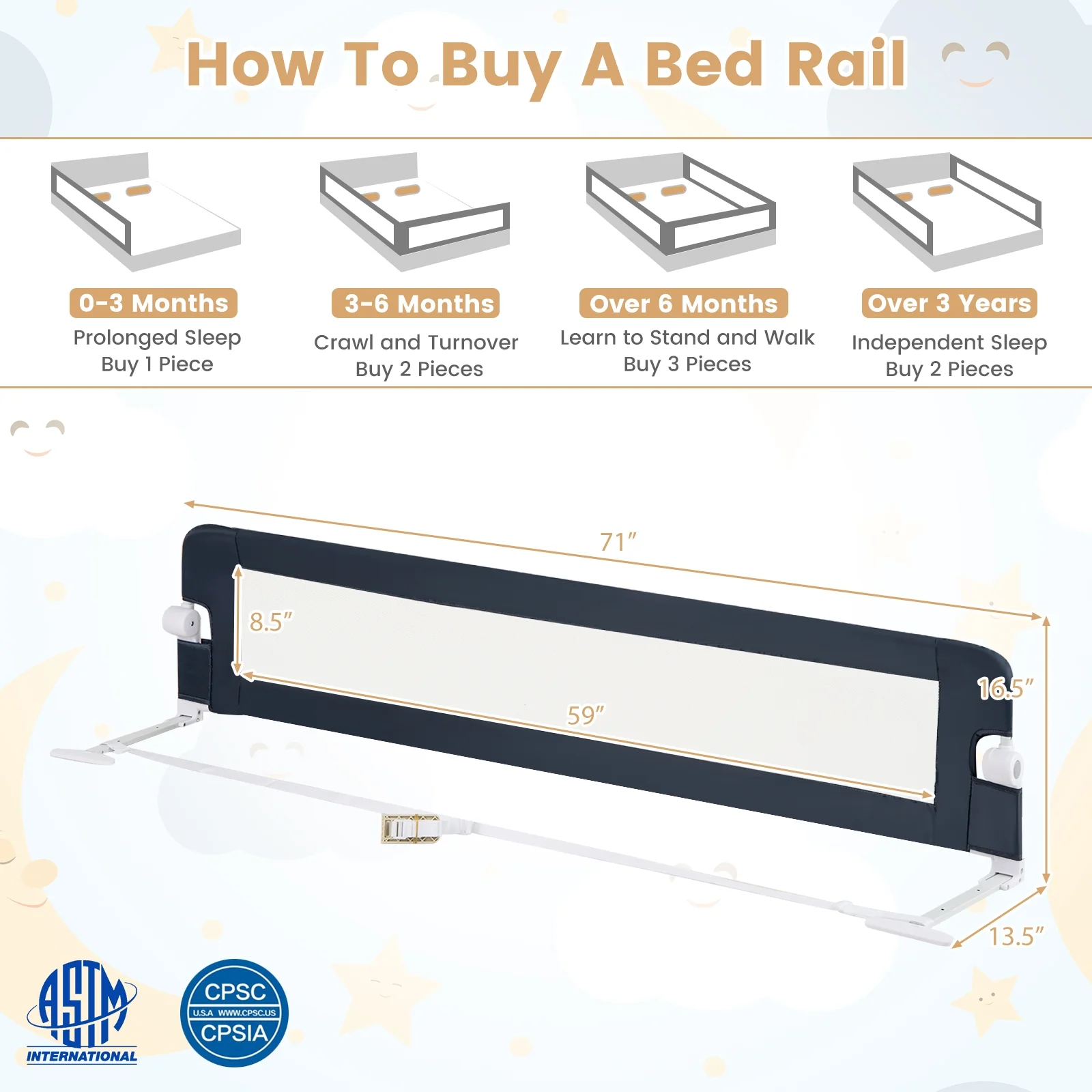71-Inch Foldable Bed Rail, Swing Down Baby Bed Guard, Blue - Image 5