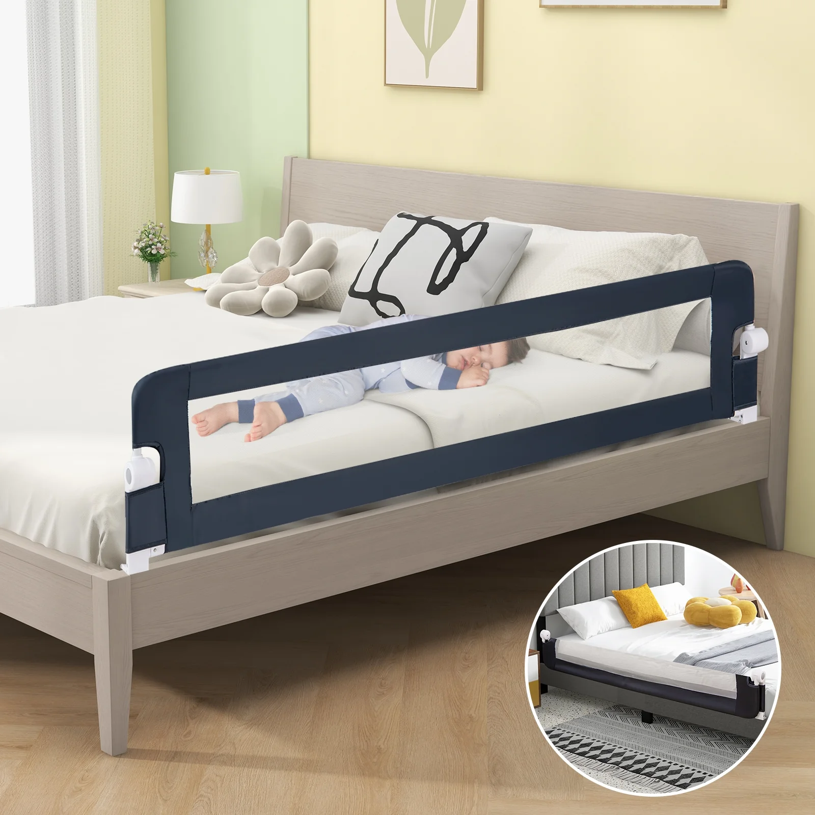 71-Inch Foldable Bed Rail, Swing Down Baby Bed Guard, Blue - Image 6