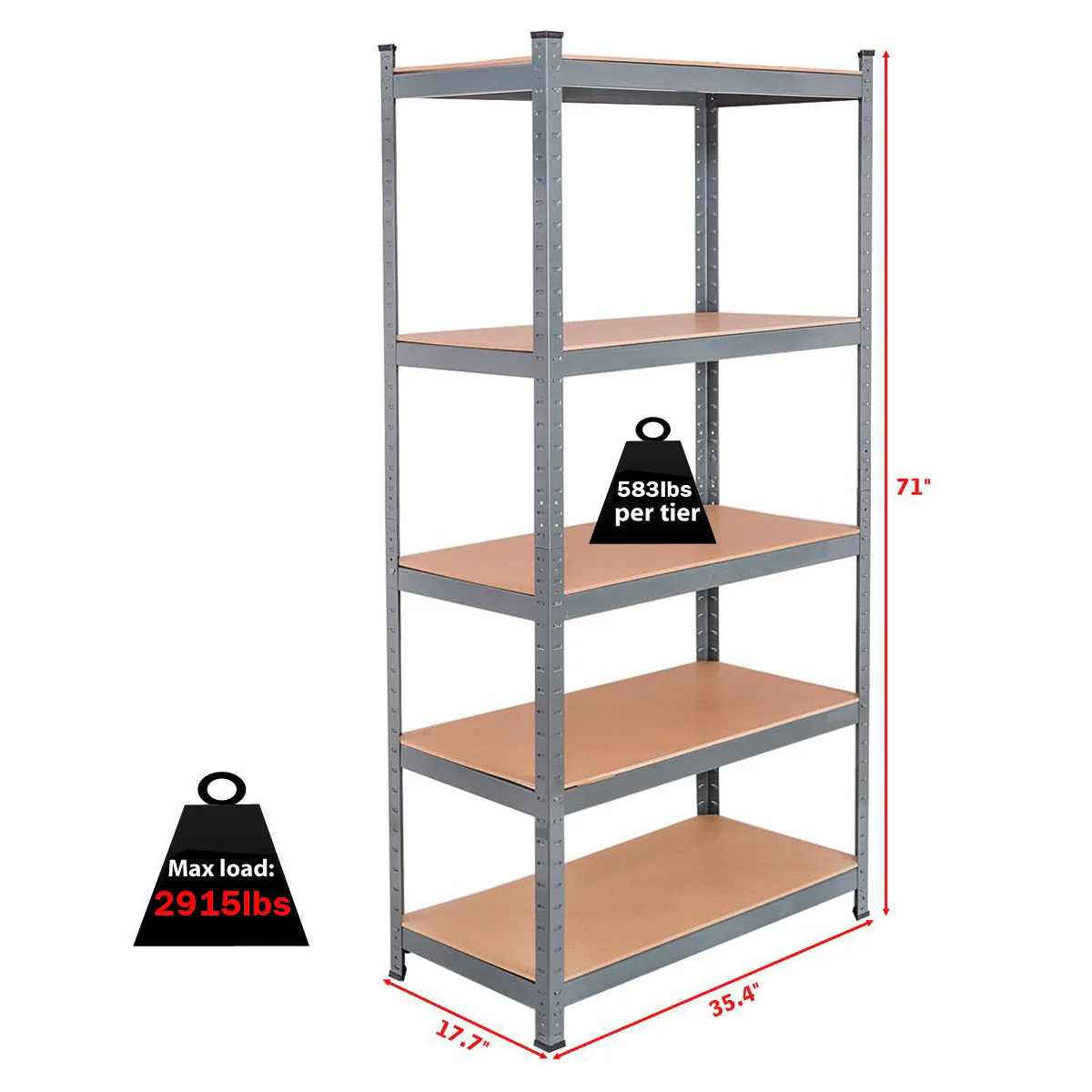 71 Inch Heavy Duty Steel Adjustable 5 Level Storage Shelves, Gray - Image 6