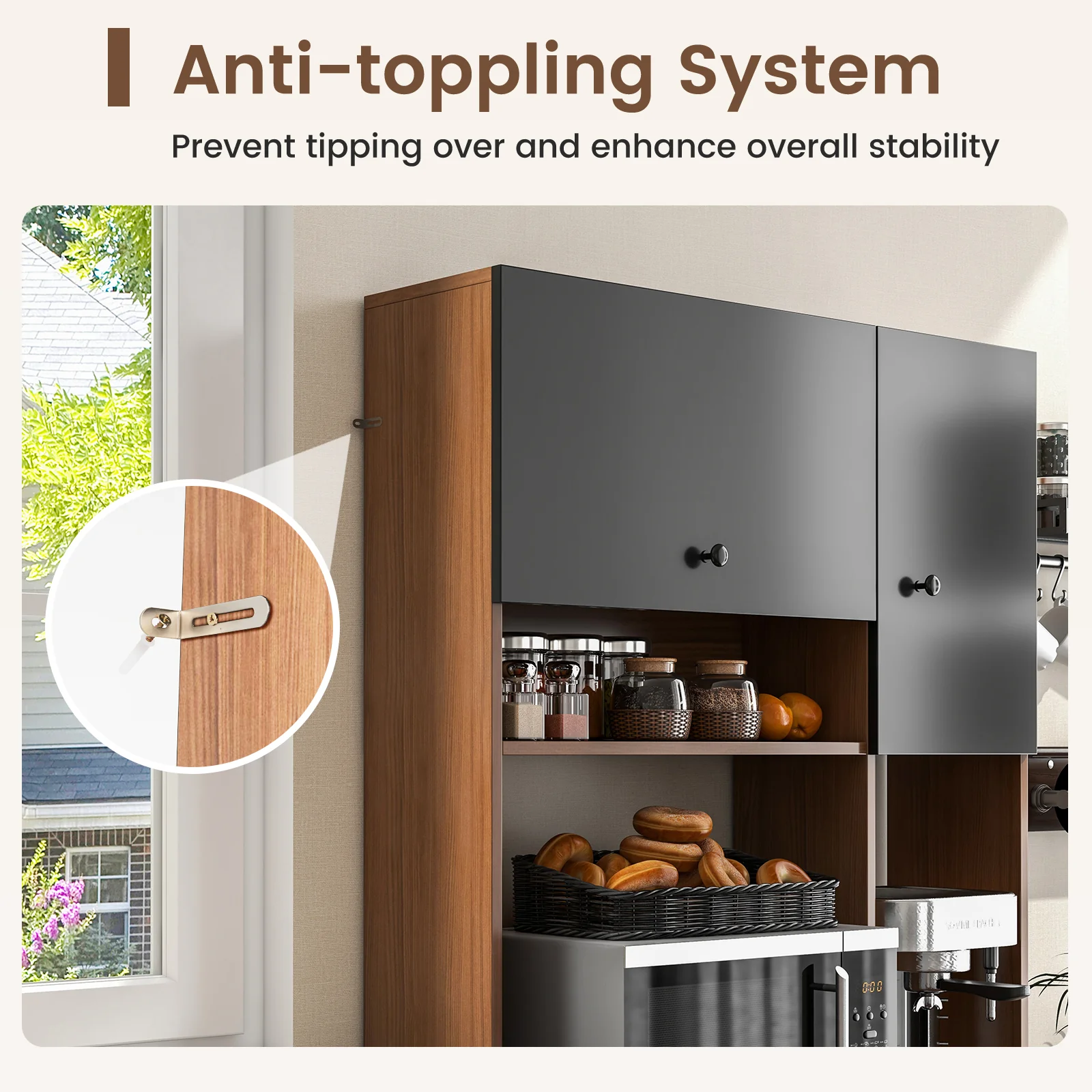 71 Inch Kitchen Pantry, 3 Storage Cabinet, 3 Deep Drawers, Walnut - Image 10