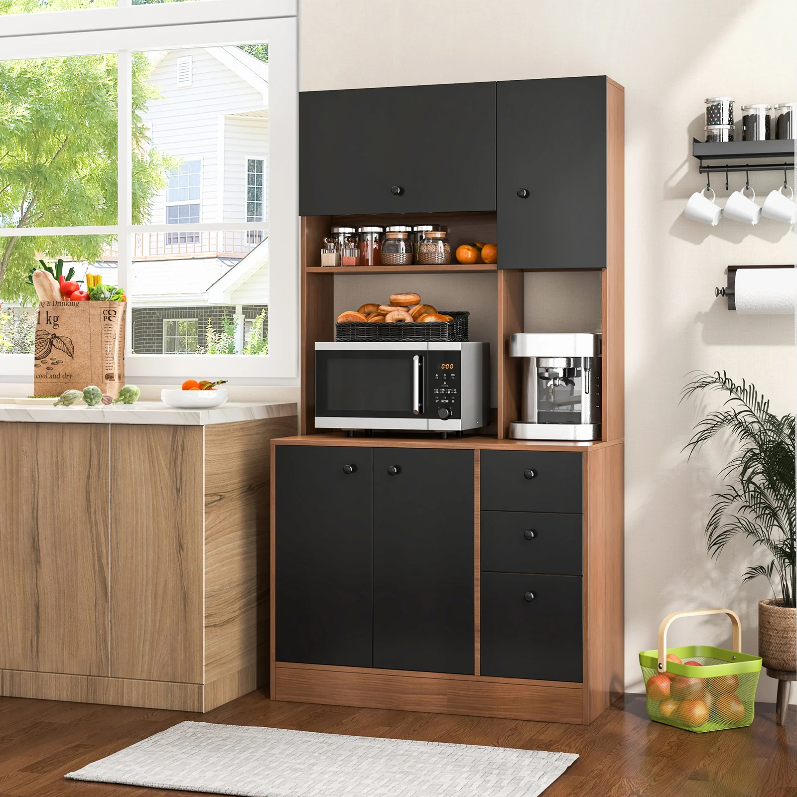 71 Inch Kitchen Pantry, 3 Storage Cabinet, 3 Deep Drawers, Walnut - Image 2