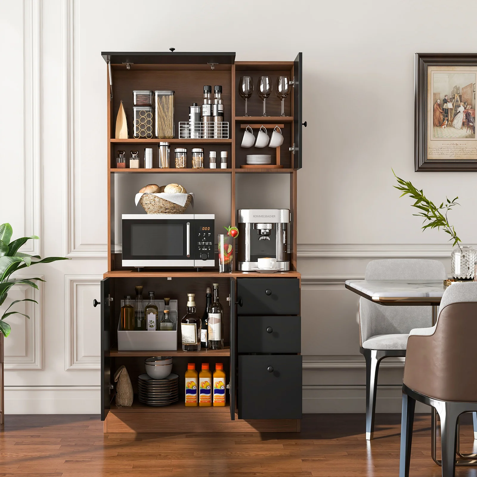 71 Inch Kitchen Pantry, 3 Storage Cabinet, 3 Deep Drawers, Walnut - Image 3