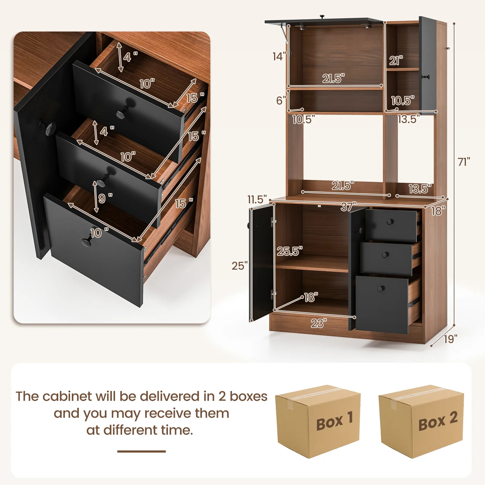 71 Inch Kitchen Pantry, 3 Storage Cabinet, 3 Deep Drawers, Walnut - Image 6