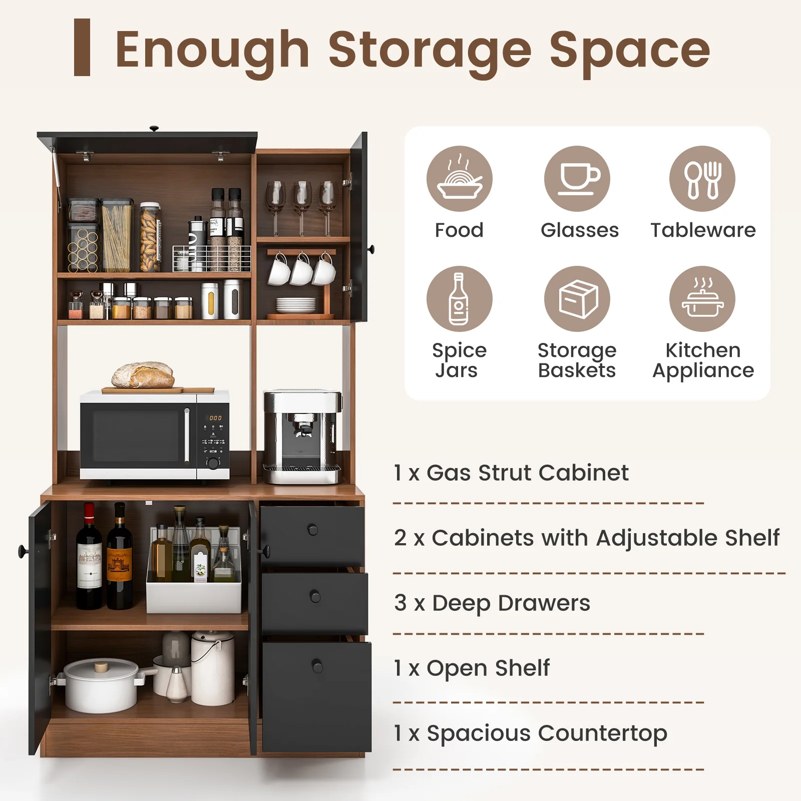 71 Inch Kitchen Pantry, 3 Storage Cabinet, 3 Deep Drawers, Walnut - Image 7