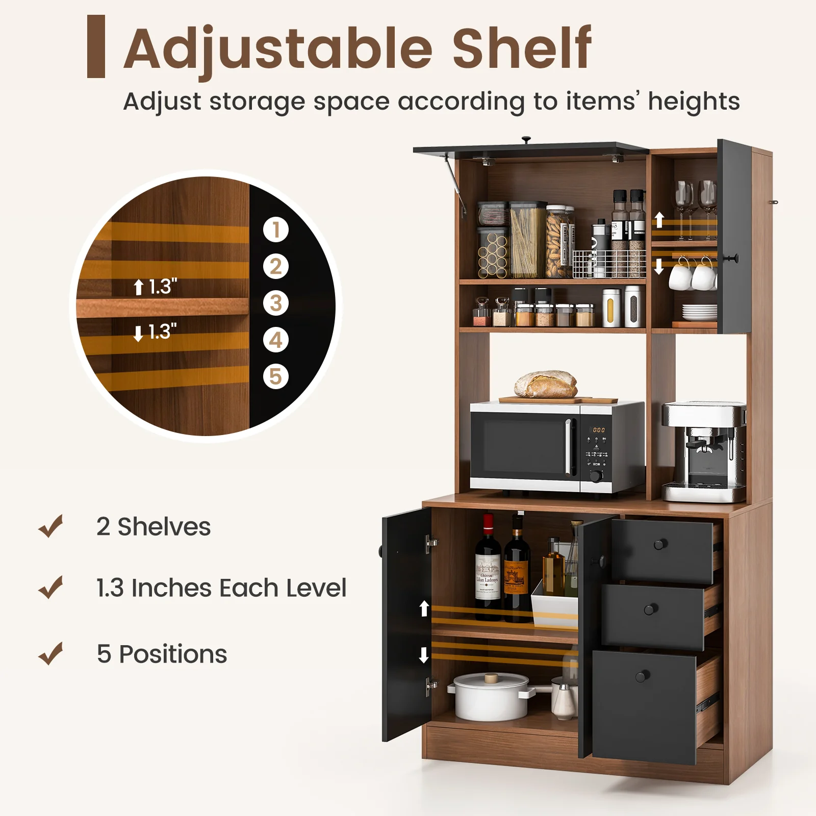 71 Inch Kitchen Pantry, 3 Storage Cabinet, 3 Deep Drawers, Walnut - Image 8