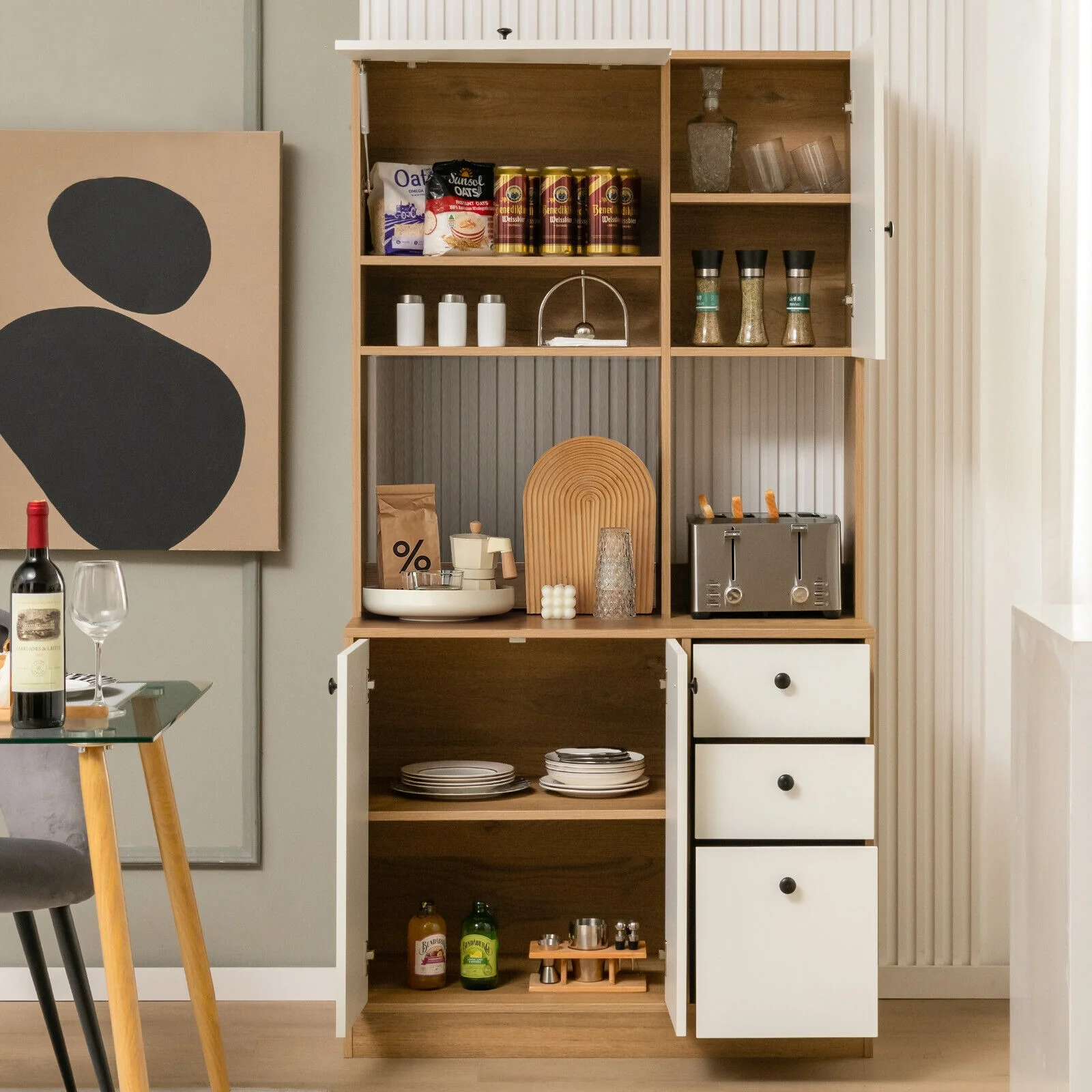 71 Inch Kitchen Pantry, 3 Storage Cabinet, 3 Deep Drawers, White - Image 2