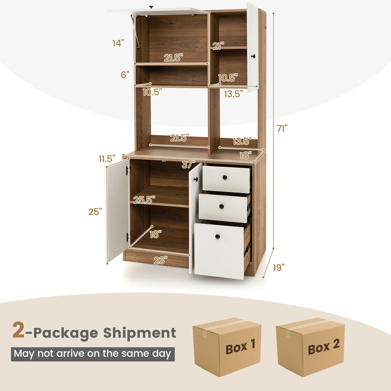 71 Inch Kitchen Pantry, 3 Storage Cabinet, 3 Deep Drawers, White - Image 6