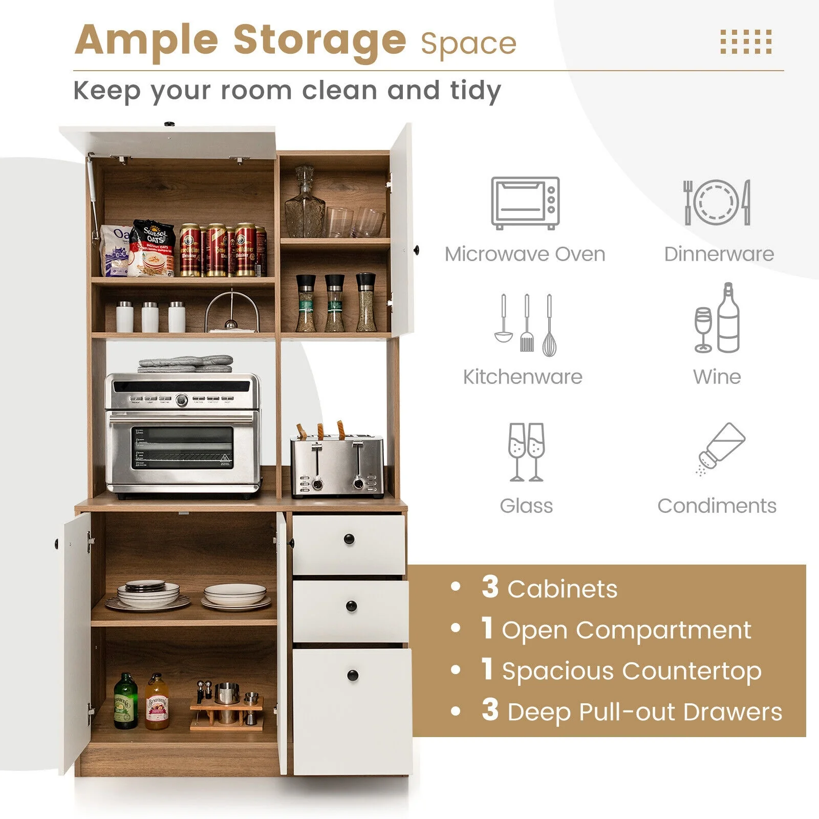 71 Inch Kitchen Pantry, 3 Storage Cabinet, 3 Deep Drawers, White - Image 8