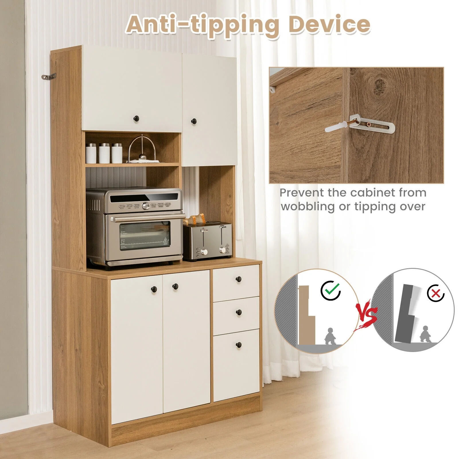 71 Inch Kitchen Pantry, 3 Storage Cabinet, 3 Deep Drawers, White - Image 9