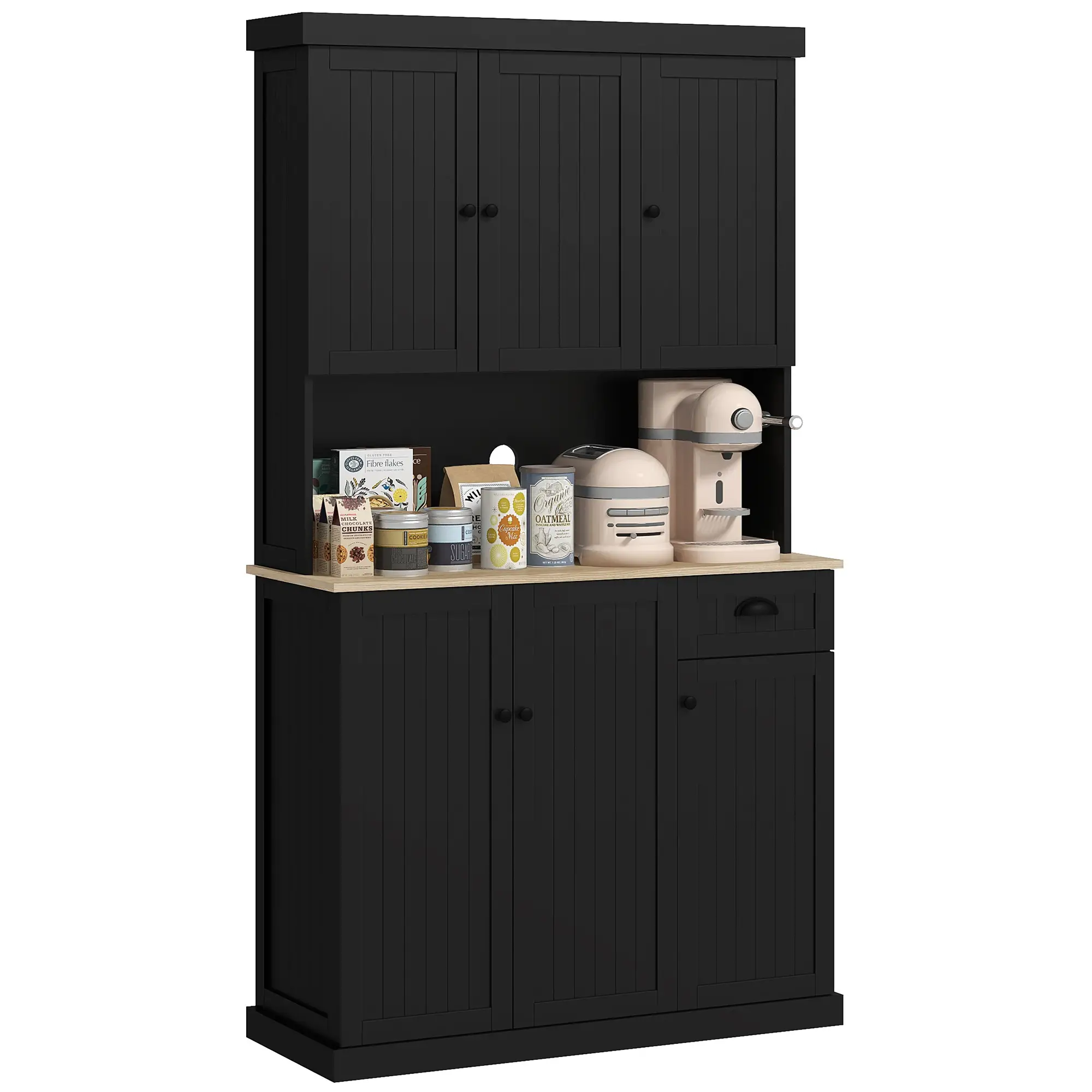 71 Inch Kitchen Pantry Buffet Hutch Cabinet Microwave Stand, Black - Image 11