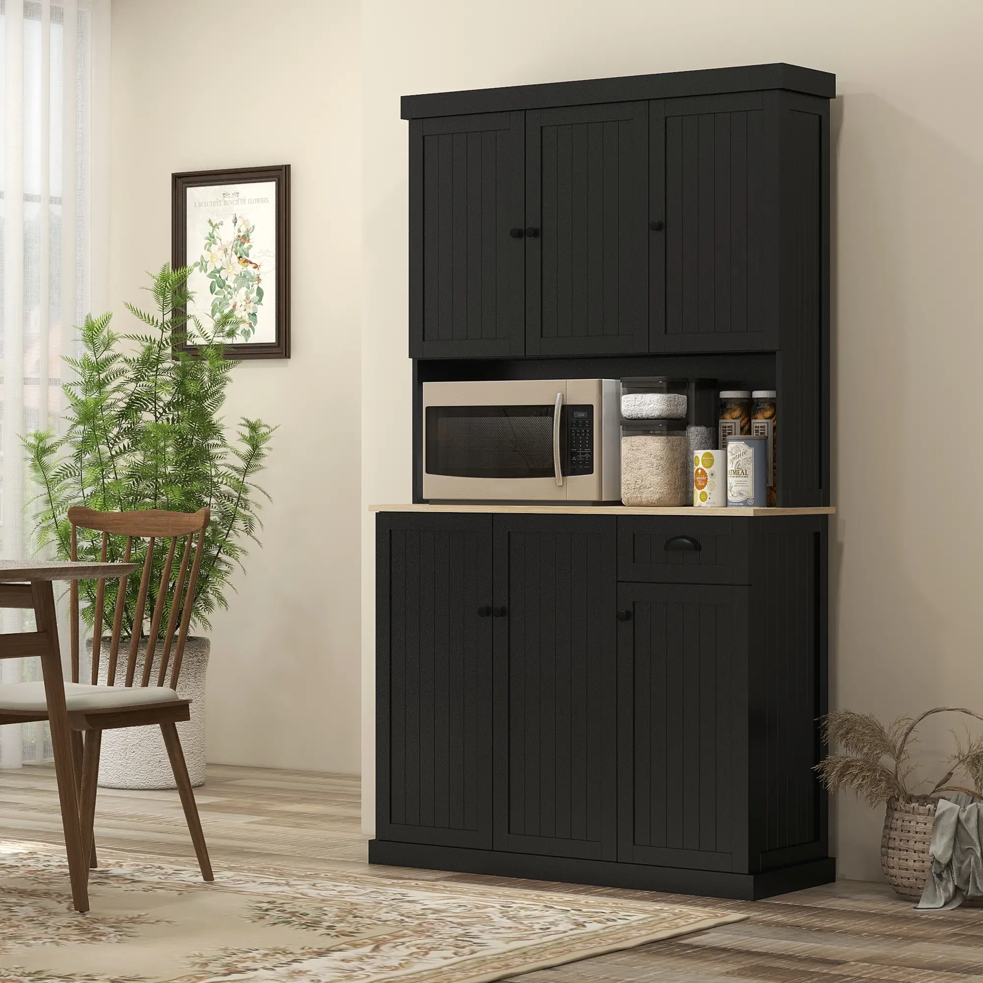 71 Inch Kitchen Pantry Buffet Hutch Cabinet Microwave Stand, Black - Image 2