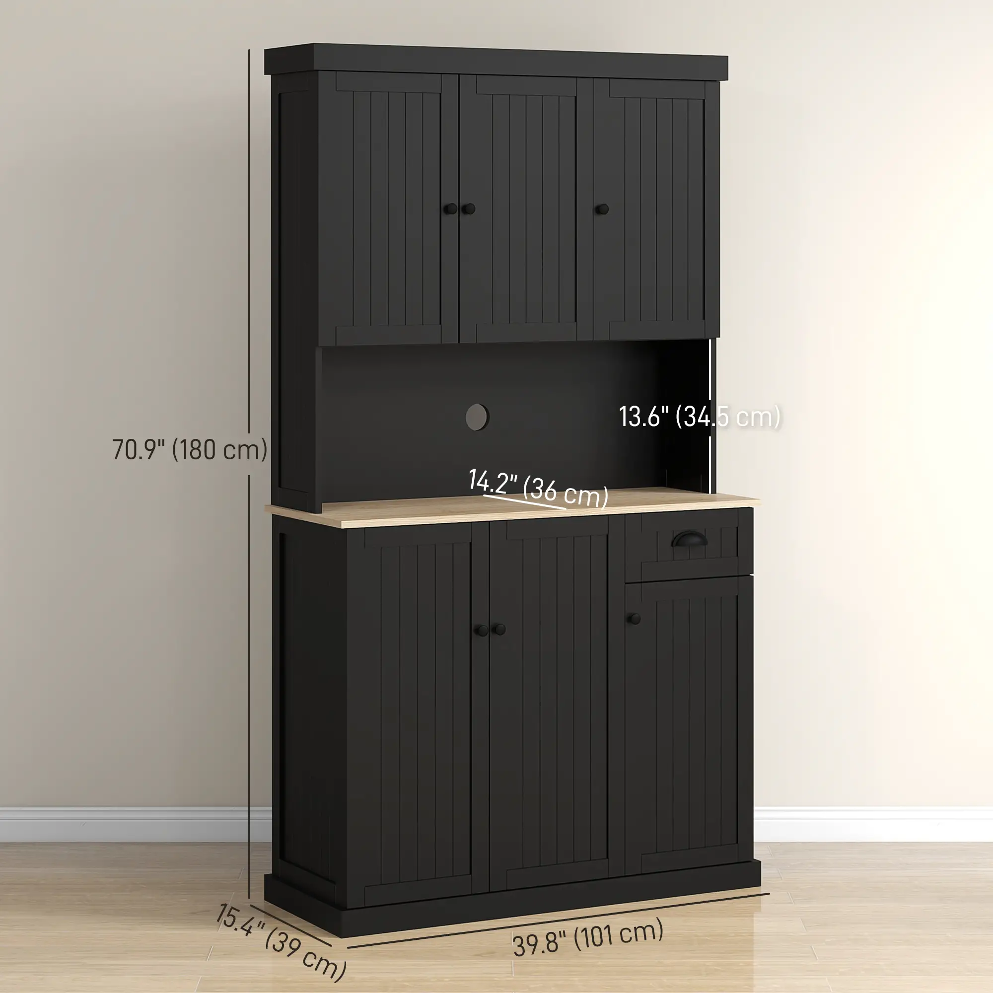 71 Inch Kitchen Pantry Buffet Hutch Cabinet Microwave Stand, Black - Image 3