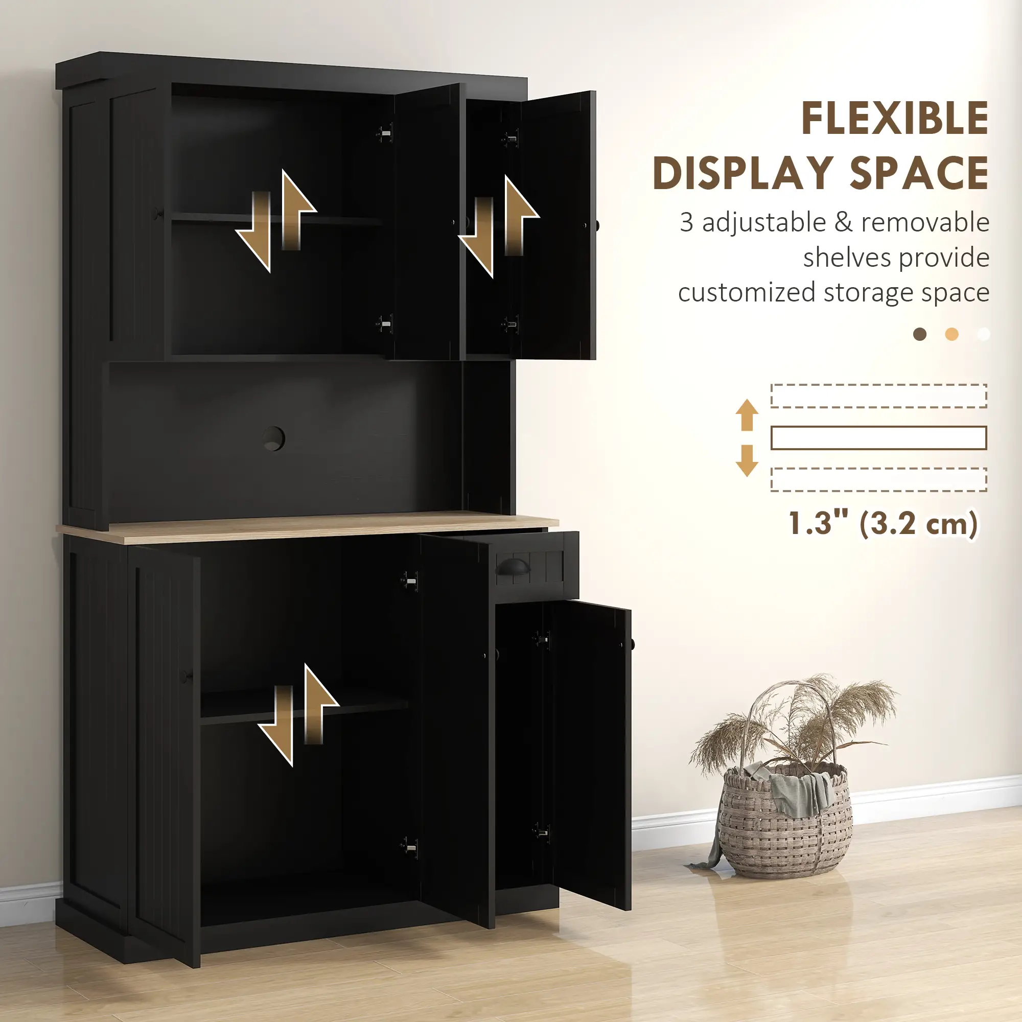 71 Inch Kitchen Pantry Buffet Hutch Cabinet Microwave Stand, Black - Image 6