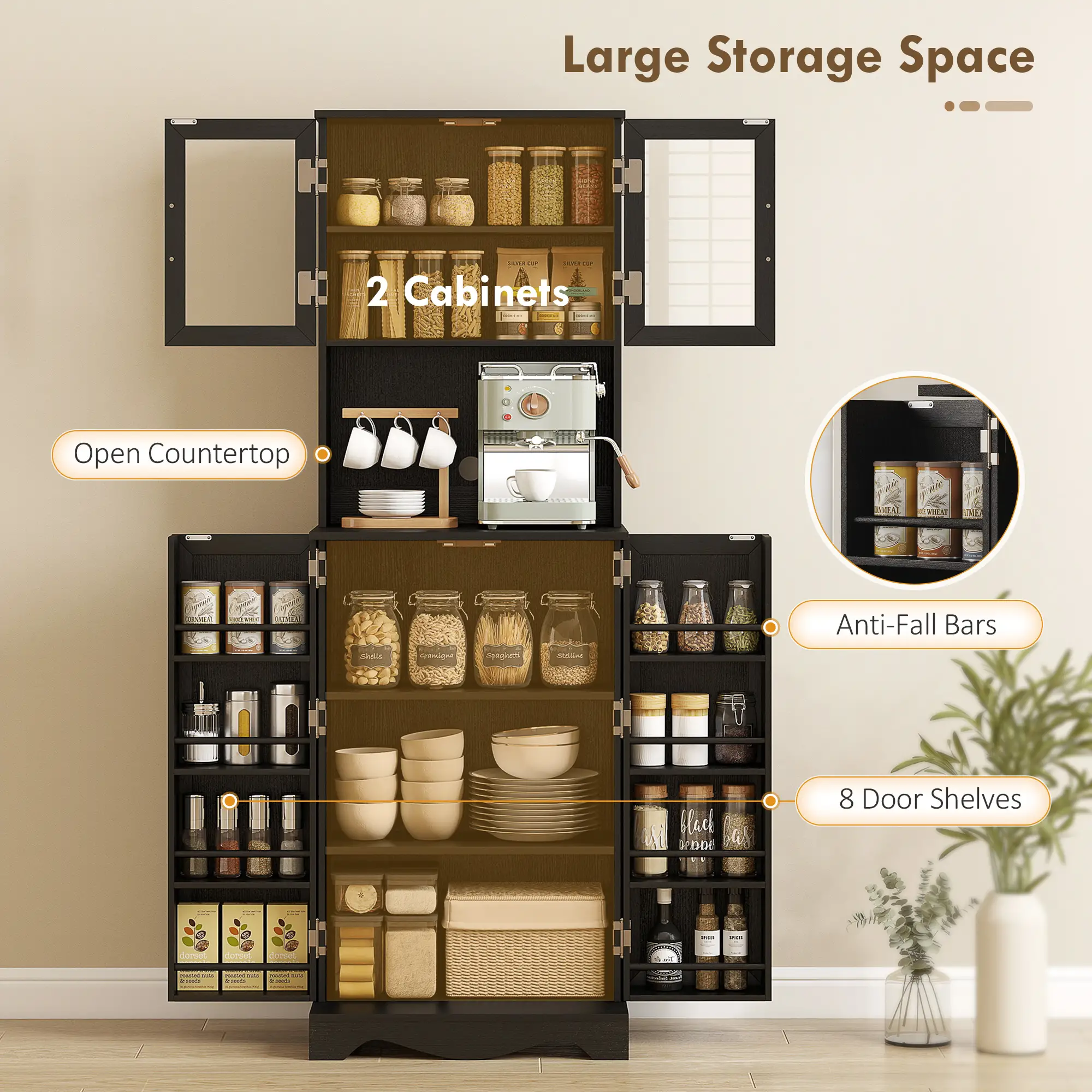 71 Inch Kitchen Pantry Cabinet, Freestanding Hutch, Black - Image 4