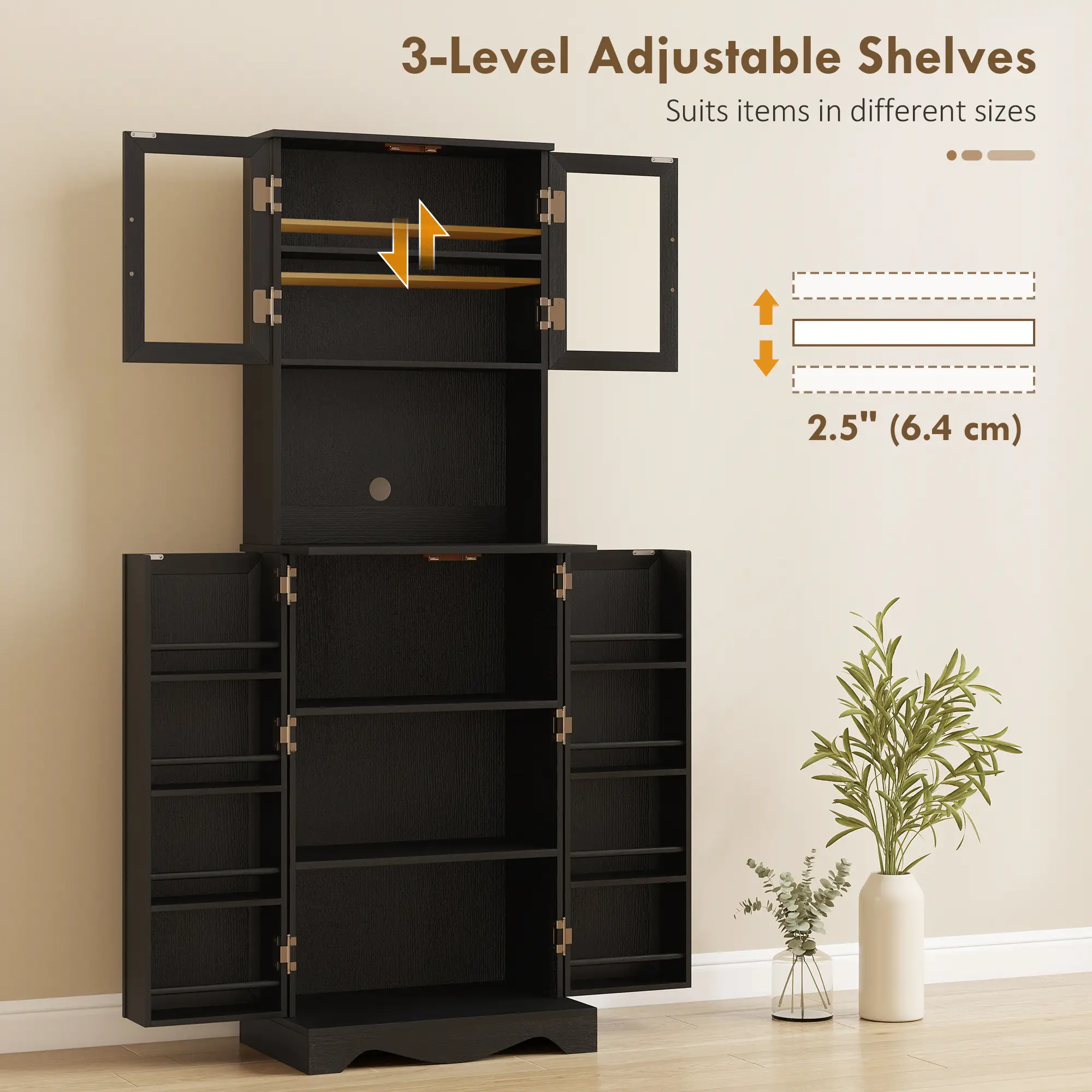 71 Inch Kitchen Pantry Cabinet, Freestanding Hutch, Black - Image 5